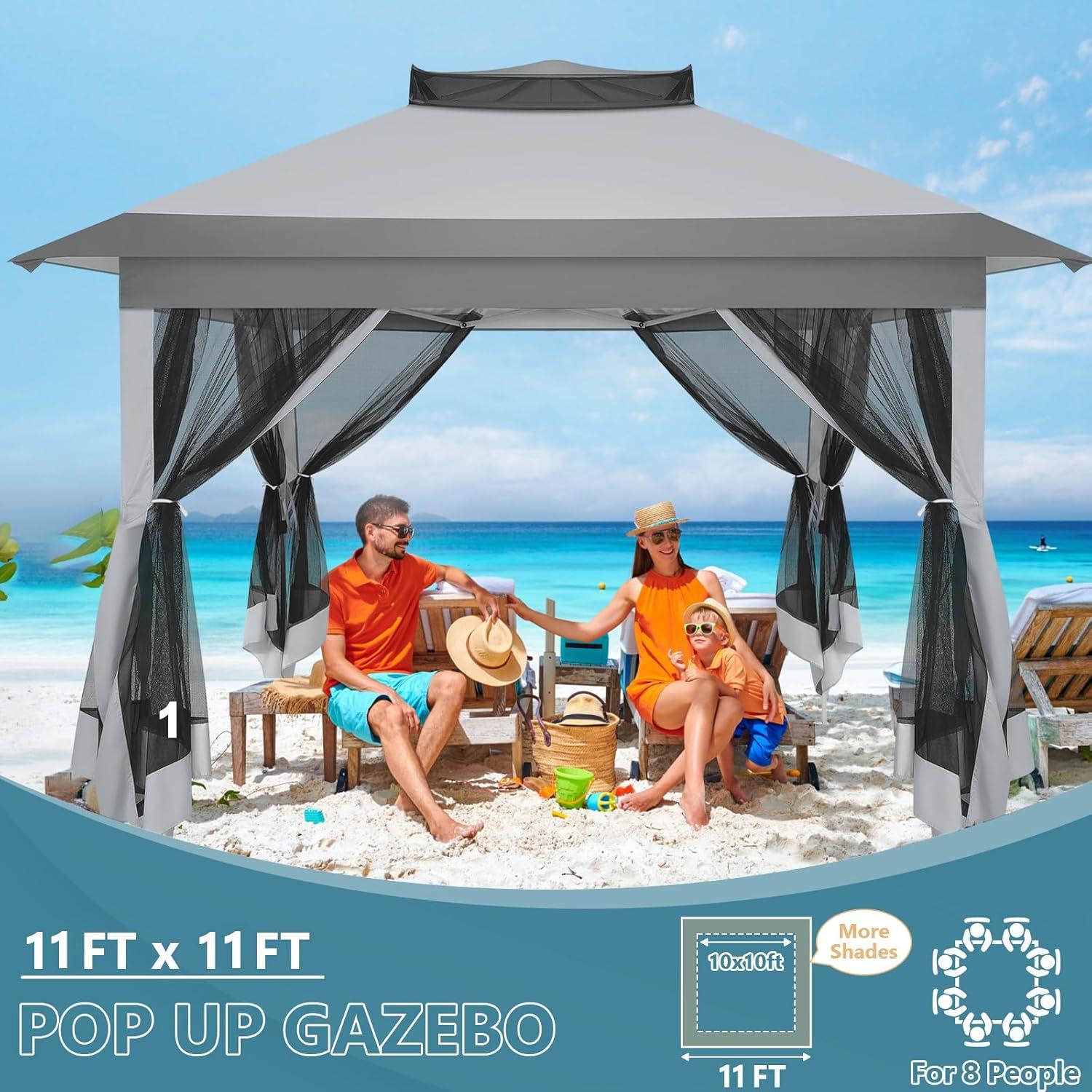 image:imageCOBIZI 12x12 Pop Up Gazebo On Clearance Upgrade Easy Up Metal Outdoor Canopy Waterproof Portable Gazebo with Mosquito Nettings 4 Ropes 8 Stakes and Carry Bag for Patio GardenLight GrayGray