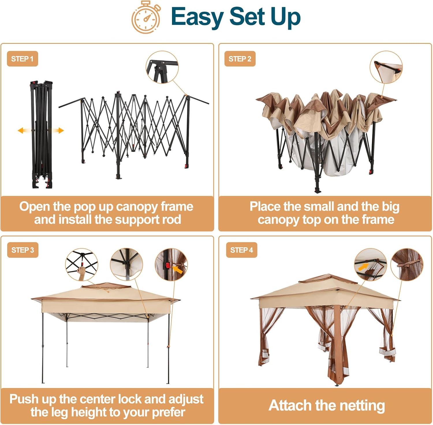 image:imageCOBIZI 12x12 Pop Up Gazebo On Clearance Upgrade Easy Up Metal Outdoor Canopy Waterproof Portable Gazebo with Mosquito Nettings 4 Ropes 8 Stakes and Carry Bag for Patio GardenLight GrayKhakiUPF50