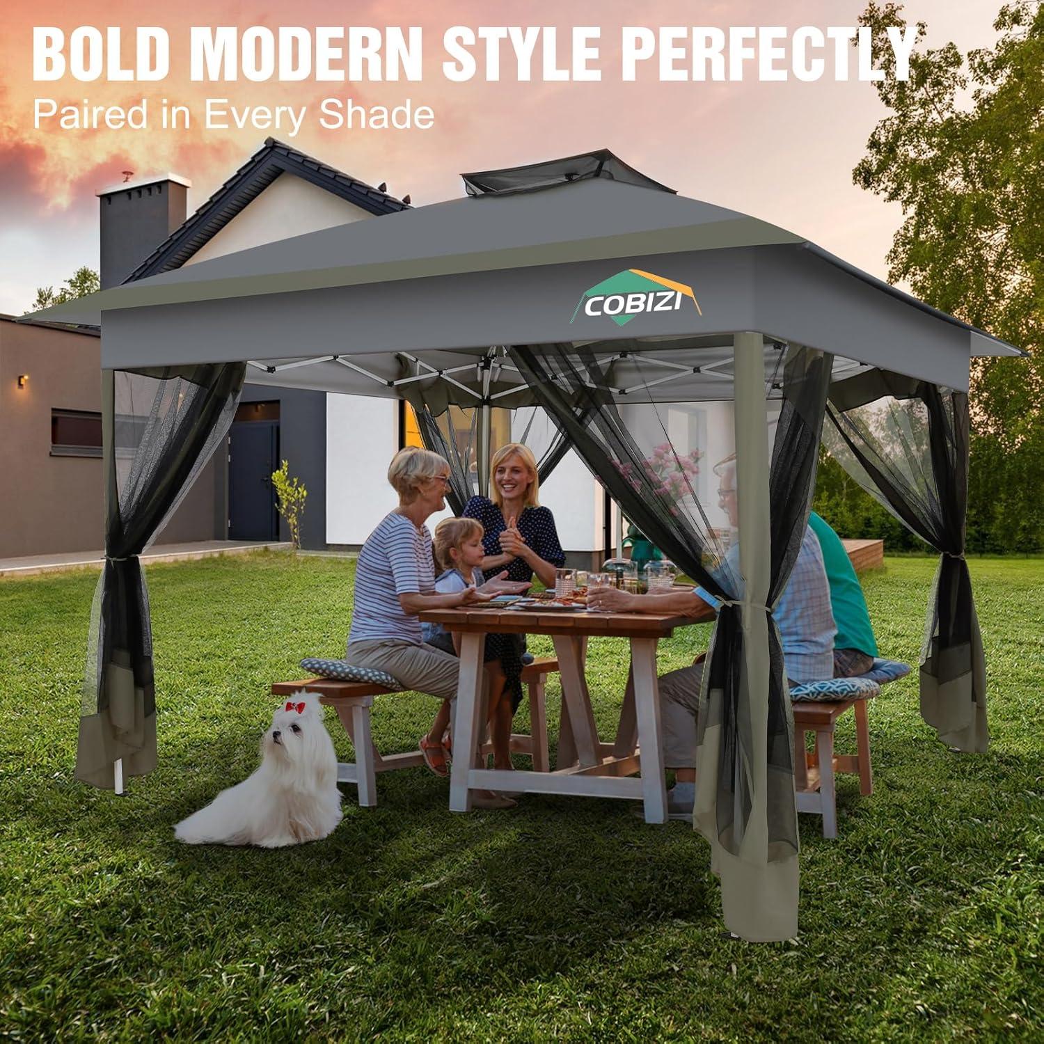 image:imageCOBIZI 12x12 Pop Up Gazebo On Clearance Upgrade Easy Up Metal Outdoor Canopy Waterproof Portable Gazebo with Mosquito Nettings 4 Ropes 8 Stakes and Carry Bag for Patio GardenLight GrayDark GrayUPF50