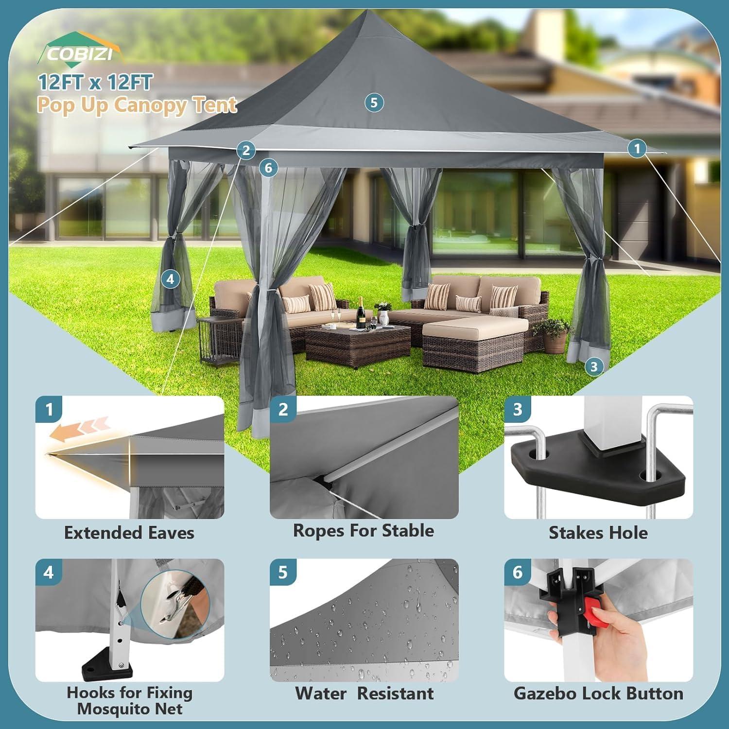 image:imageCOBIZI 12x12 Pop Up Gazebo On Clearance Upgrade Easy Up Metal Outdoor Canopy Waterproof Portable Gazebo with Mosquito Nettings 4 Ropes 8 Stakes and Carry Bag for Patio GardenLight GrayDark Gray3 Year Warranty