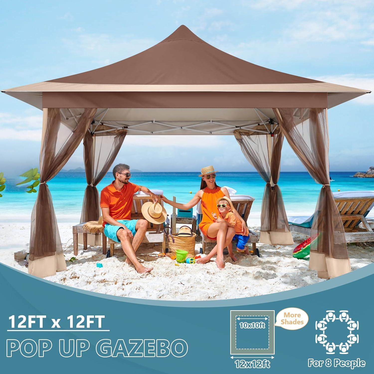 image:imageCOBIZI 12x12 Pop Up Gazebo On Clearance Canopy Tent Easy Up Outdoor Gazebo Waterproof Upgrade with Mosquito Nettings and Carry Bag for Patio Garden LawnBrown 3 Year Warranty