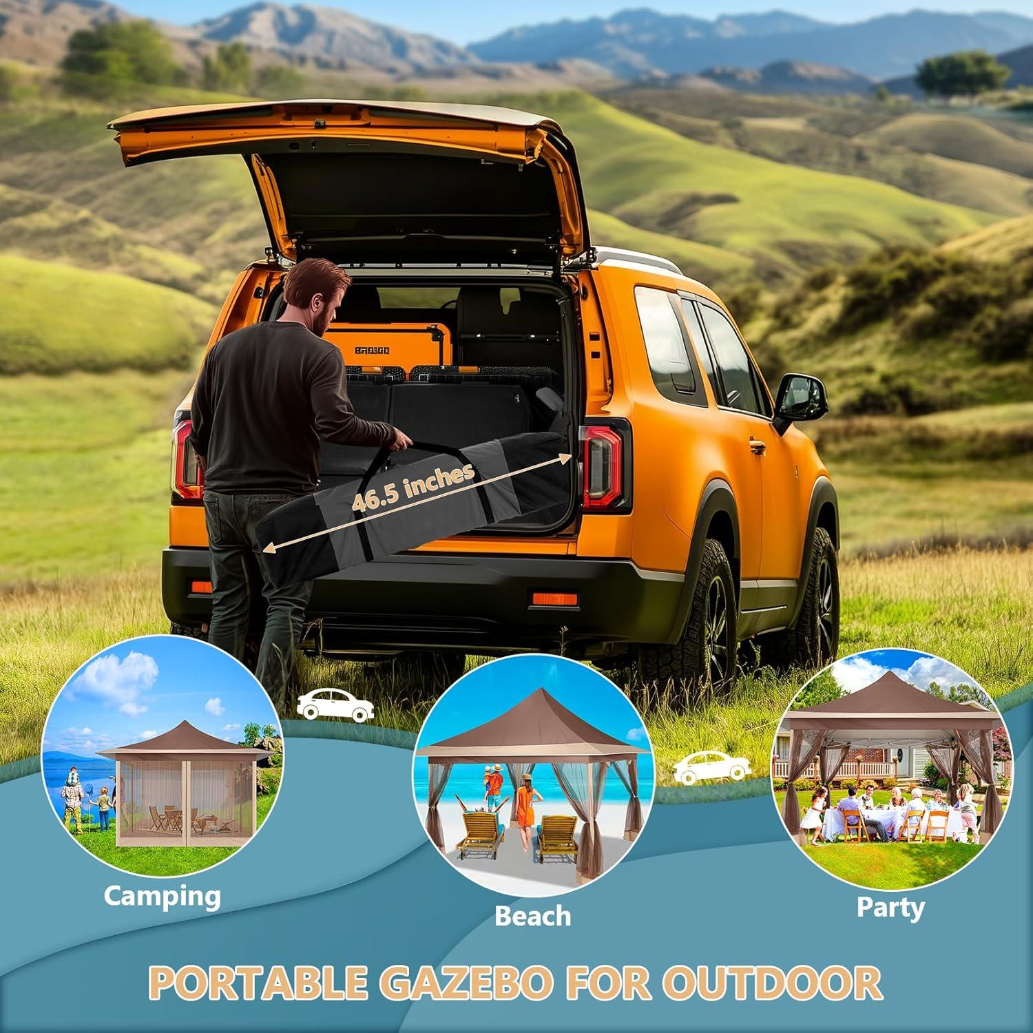 image:imageCOBIZI 12x12 Pop Up Gazebo On Clearance Canopy Tent Easy Up Outdoor Gazebo Waterproof Upgrade with Mosquito Nettings and Carry Bag for Patio Garden LawnBrown 3 Year Warranty