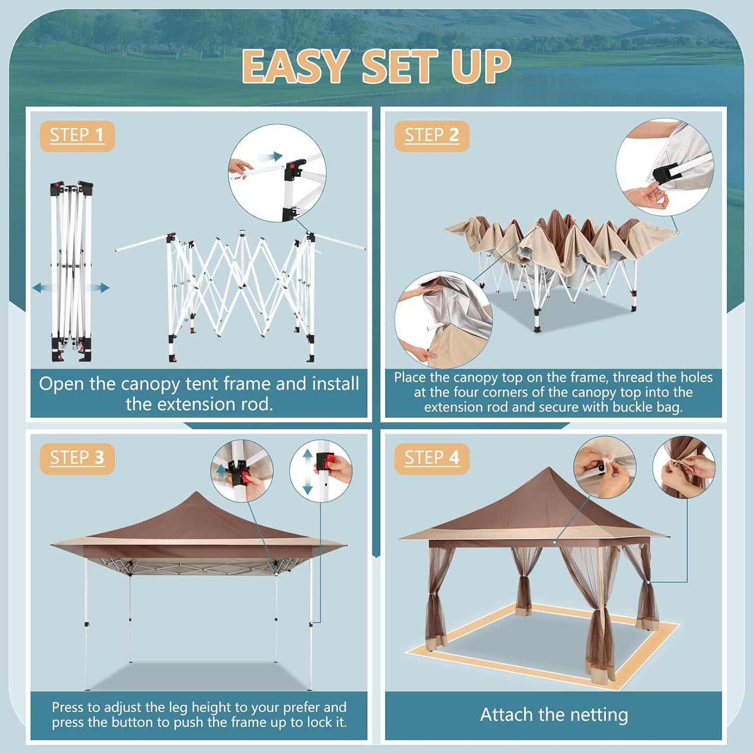 image:imageCOBIZI 12x12 Pop Up Gazebo On Clearance Canopy Tent Easy Up Outdoor Gazebo Waterproof Upgrade with Mosquito Nettings and Carry Bag for Patio Garden LawnBrown 3 Year Warranty