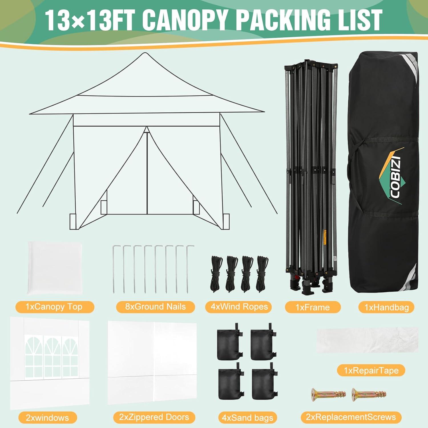 image:imageCOBIZI 13x13 Heavy Duty Pop Up Canopy with 4 Sidewalls Commercial Outdoor Party Tent with 4 SandBags for Events Parties and BBQs All Season Waterproof amp Height Adjustable WhitePure White