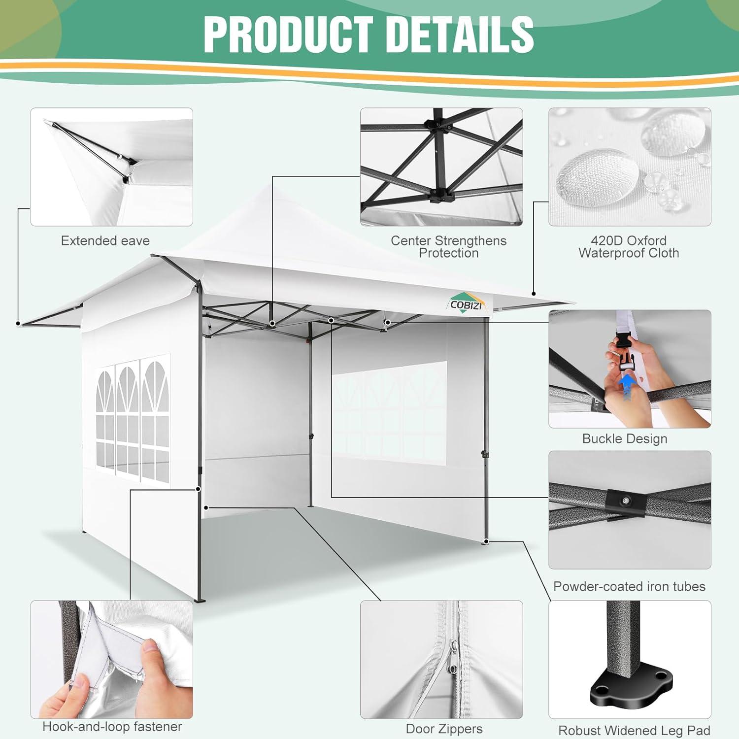 image:imageCOBIZI 13x13 Heavy Duty Pop Up Canopy with 4 Sidewalls Commercial Outdoor Party Tent with 4 SandBags for Events Parties and BBQs All Season Waterproof amp Height Adjustable WhitePure White