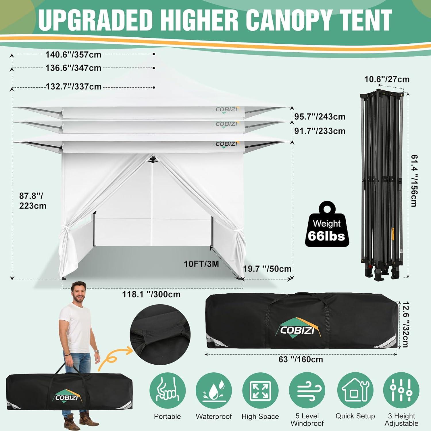 image:imageCOBIZI 13x13 Heavy Duty Pop Up Canopy with 4 Sidewalls Commercial Outdoor Party Tent with 4 SandBags for Events Parties and BBQs All Season Waterproof amp Height Adjustable WhitePure White
