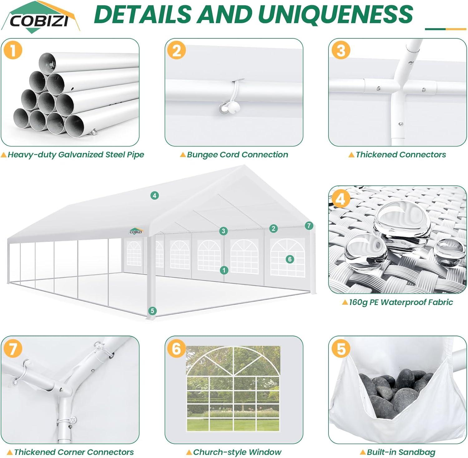 image:imageCOBIZI 20x40 Party Tent Heavy Duty Galvanized Wedding Tent Event Shelter for Parties Outdoor with Removable Sidewall amp Builtin Sandbag Carpas para Fiestas Large Canopy Waterproof White
