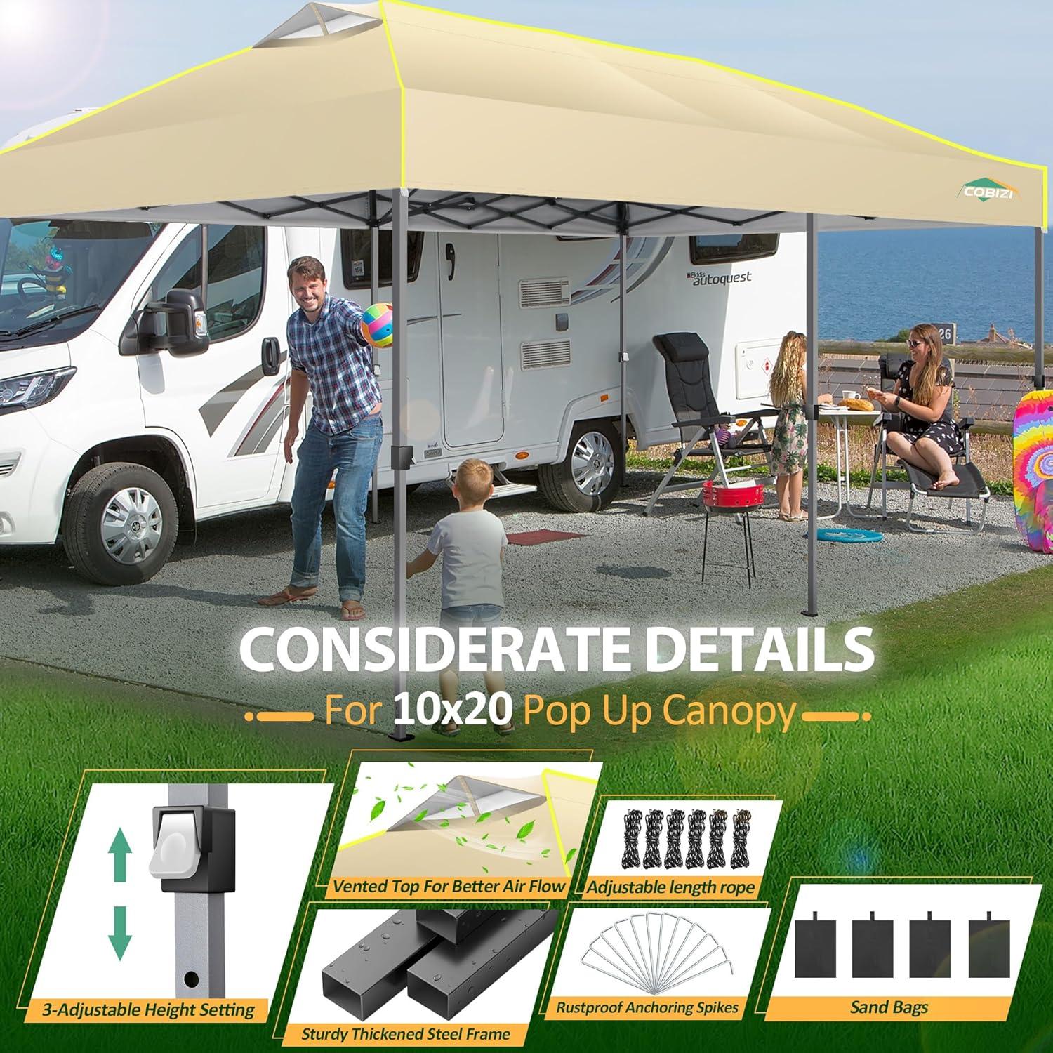 image:imageCOBIZI Canopy 10x10 Pop Up Canopy Tent 1Button Push Easy up Outdoor Canopy Instant Portable Commercial Shelter Waterproof UPF50 Gazebo with Reflective Strip Air Vent amp 4 SandbagsKhakiKhaki1year warranty