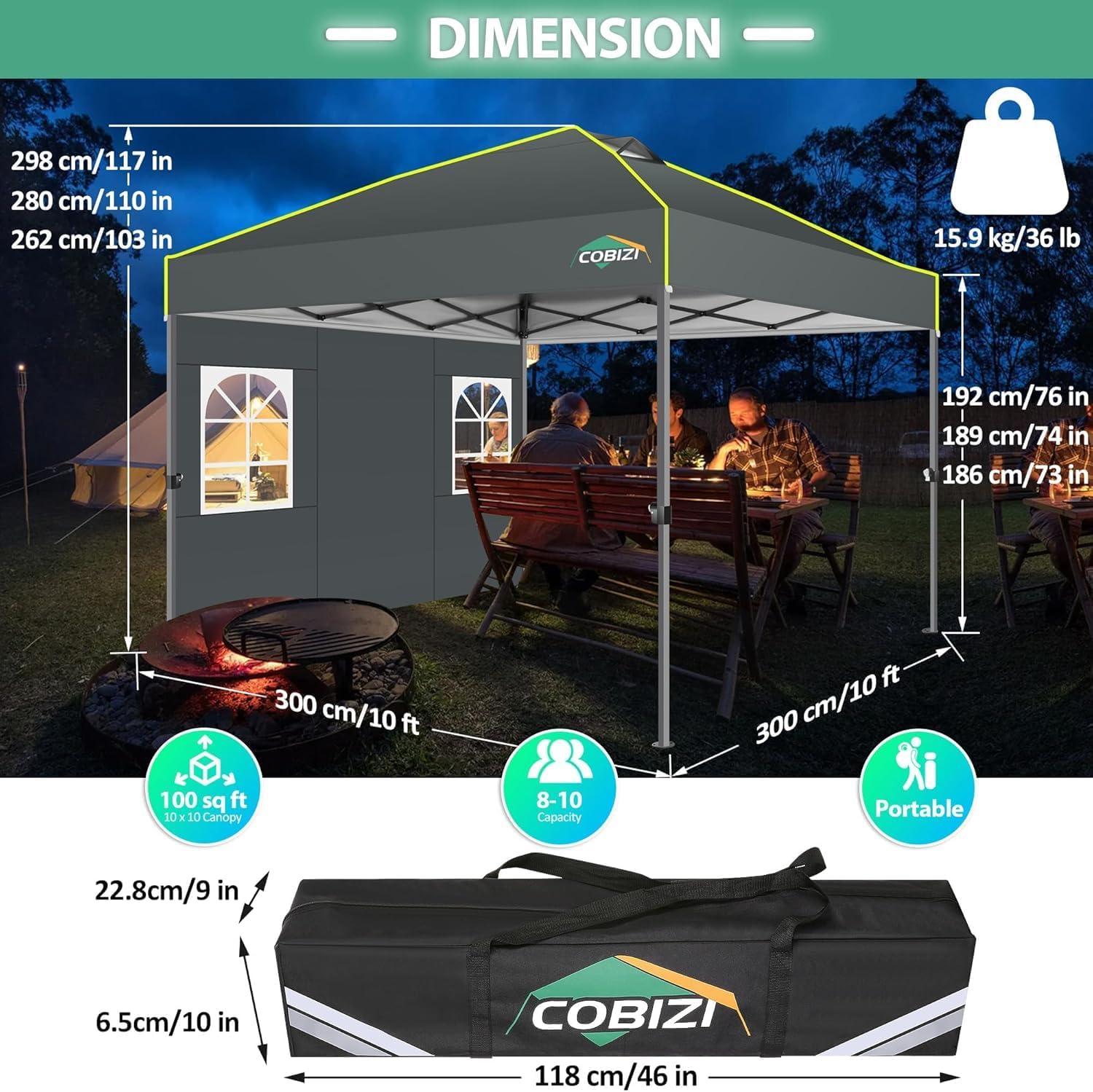 image:imageCOBIZI Canopy 10x10 Pop Up Canopy Tent 1Button Push Easy up Outdoor Canopy Instant Portable Commercial Shelter Waterproof UPF50 Gazebo with Reflective Strip Air Vent amp 4 SandbagsKhakiGrey1year warranty