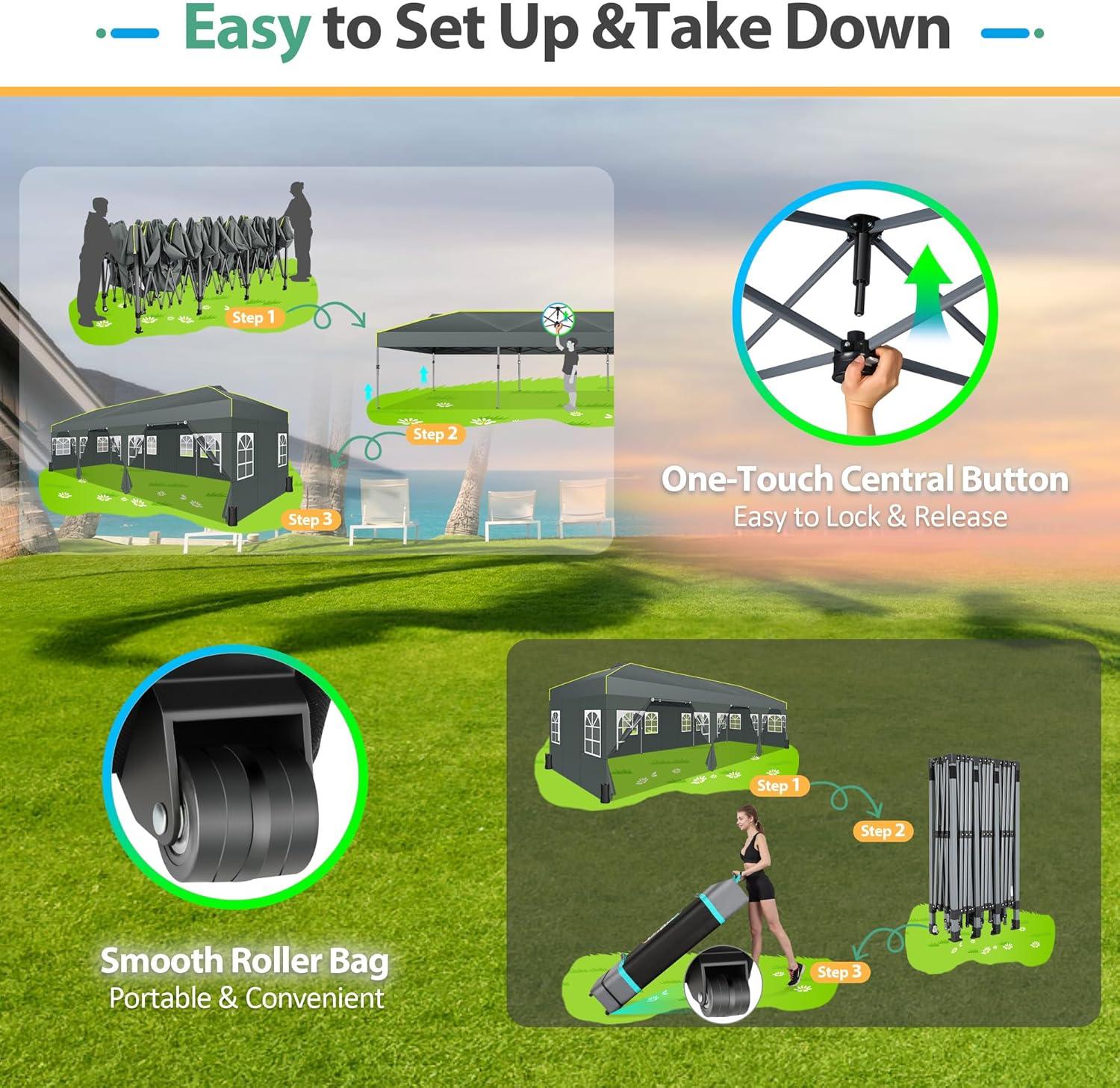 image:imageCOBIZI Canopy 10x10 Pop Up Canopy Tent 1Button Push Easy up Outdoor Canopy Instant Portable Commercial Shelter Waterproof UPF50 Gazebo with Reflective Strip Air Vent amp 4 SandbagsKhakiGrey1year warranty