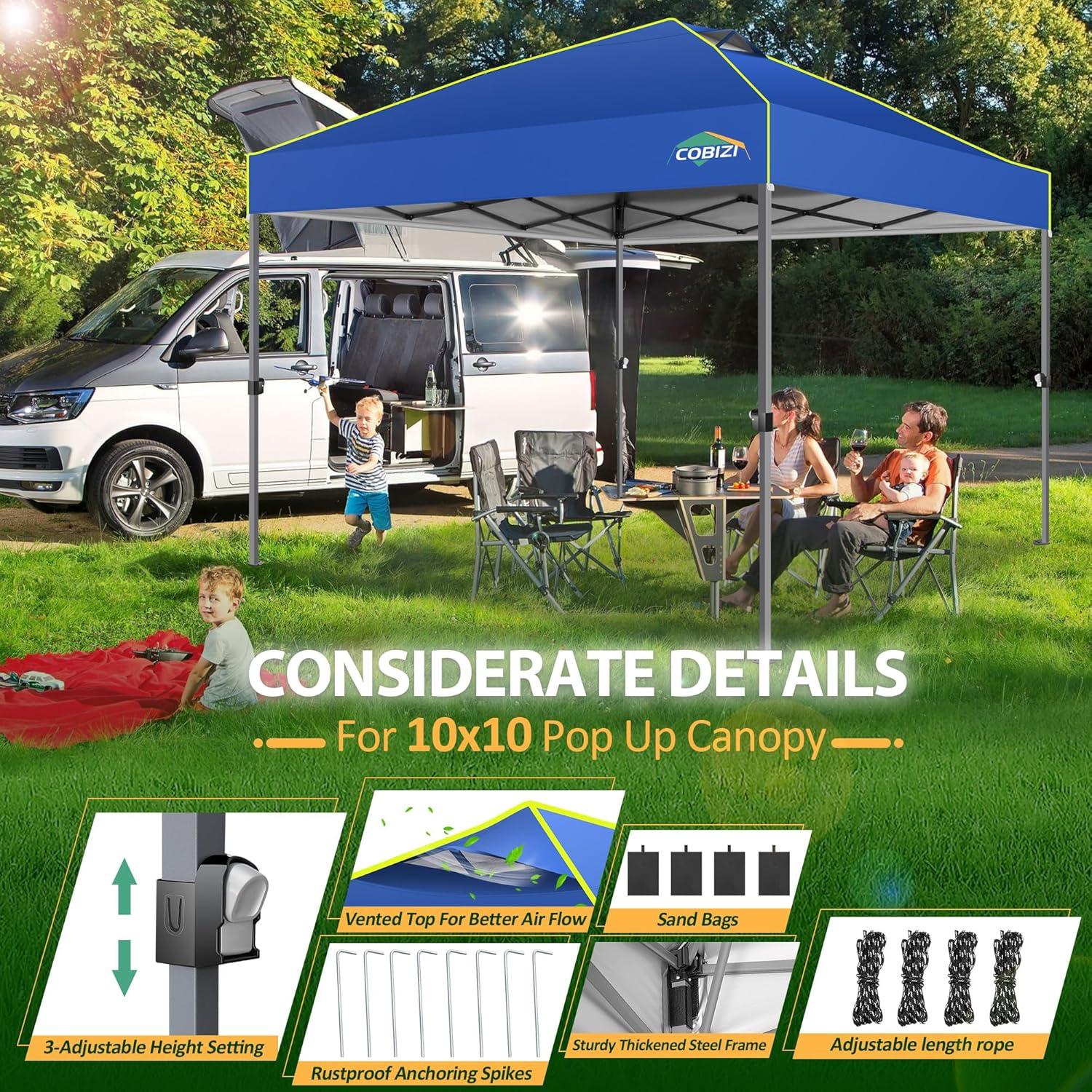 image:imageCOBIZI Canopy 10x10 Pop Up Canopy Tent 1Button Push Easy up Outdoor Canopy Instant Portable Commercial Shelter Waterproof UPF50 Gazebo with Reflective Strip Air Vent amp 4 SandbagsKhakiBlue1year warranty