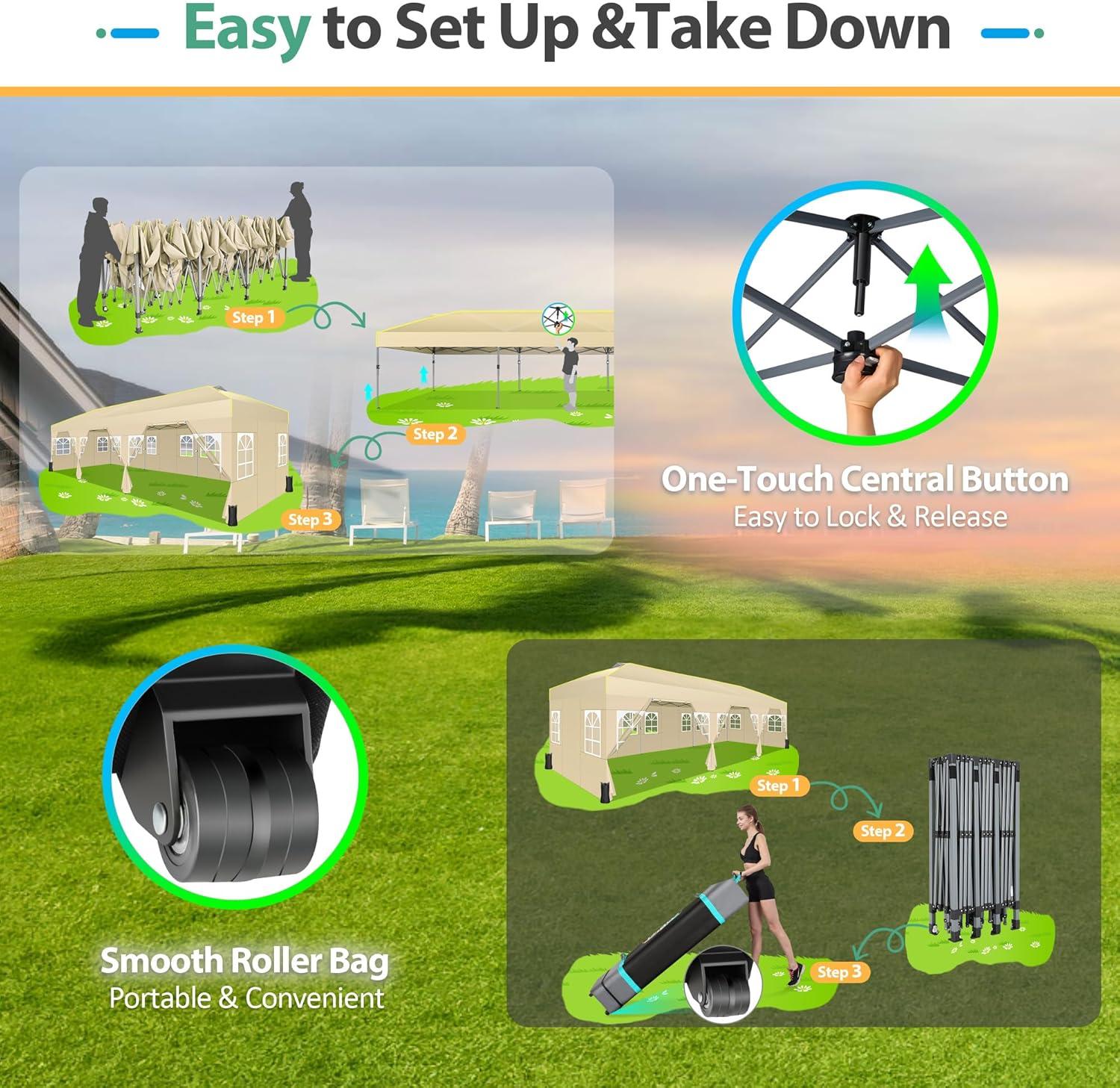 image:imageCOBIZI Canopy 10x10 Pop Up Canopy Tent 1Button Push Easy up Outdoor Canopy Instant Portable Commercial Shelter Waterproof UPF50 Gazebo with Reflective Strip Air Vent amp 4 SandbagsKhakiKhaki1year warranty