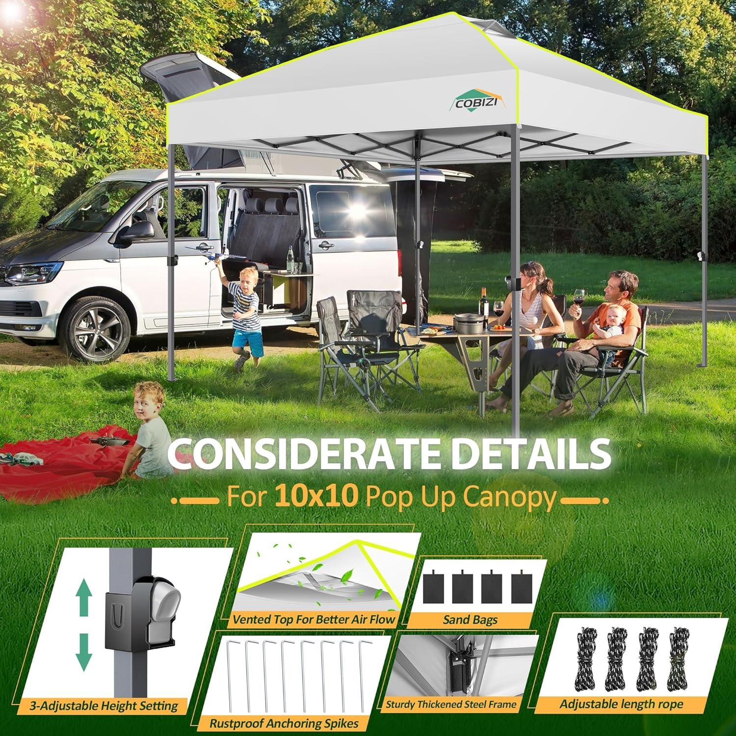 image:imageCOBIZI Canopy 10x10 Pop Up Canopy Tent 1Button Push Easy up Outdoor Canopy Instant Portable Commercial Shelter Waterproof UPF50 Gazebo with Reflective Strip Air Vent amp 4 SandbagsWhite
