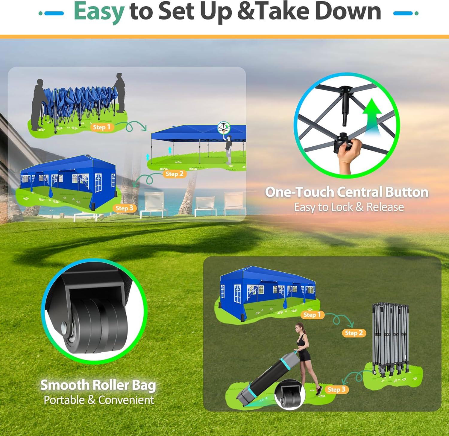 image:imageCOBIZI Canopy 10x10 Pop Up Canopy Tent 1Button Push Easy up Outdoor Canopy Instant Portable Commercial Shelter Waterproof UPF50 Gazebo with Reflective Strip Air Vent amp 4 SandbagsKhakiBlue1year warranty