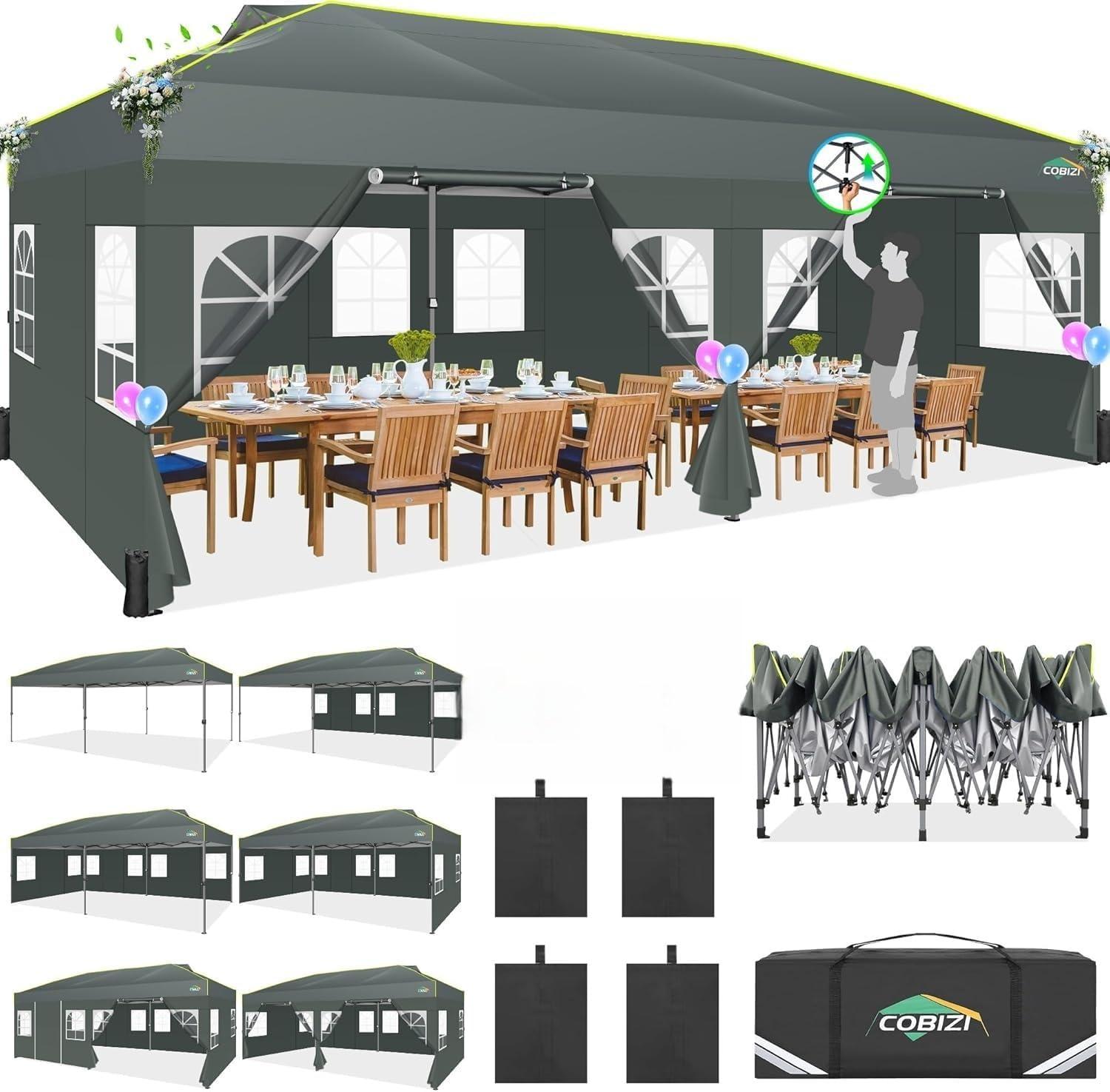 image:imageCOBIZI Canopy 10x10 Pop Up Canopy Tent 1Button Push Easy up Outdoor Canopy Instant Portable Commercial Shelter Waterproof UPF50 Gazebo with Reflective Strip Air Vent amp 4 SandbagsKhakiGrey1year warranty