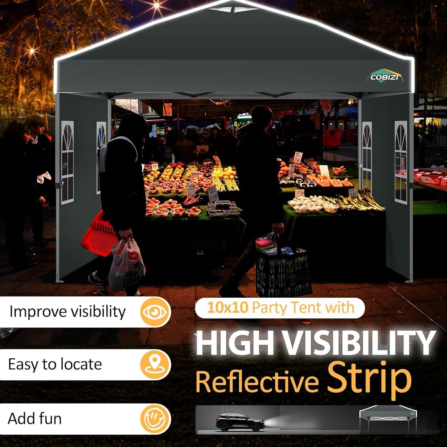image:imageCOBIZI Canopy 10x10 Pop Up Canopy Tent 1Button Push Easy up Outdoor Canopy Instant Portable Commercial Shelter Waterproof UPF50 Gazebo with Reflective Strip Air Vent amp 4 SandbagsKhakiGrey1year warranty
