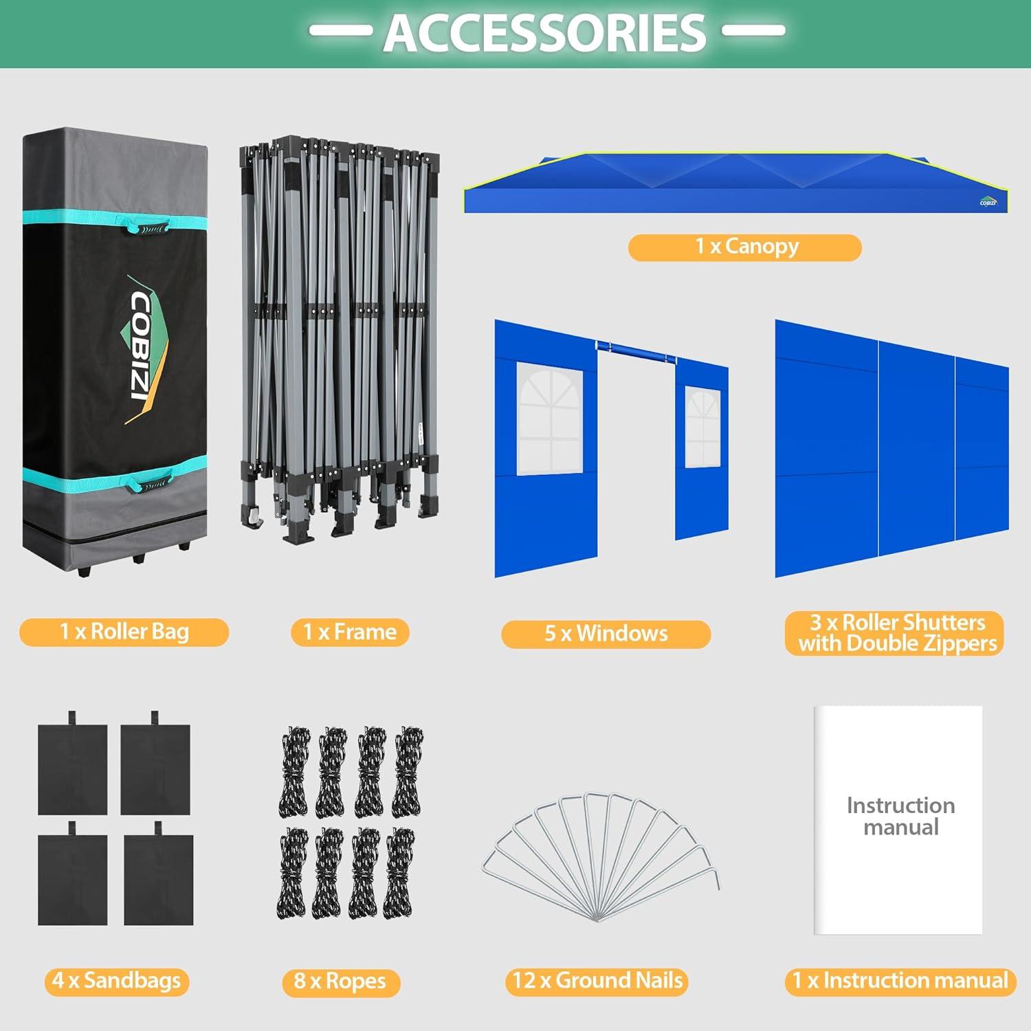 image:imageCOBIZI Canopy 10x10 Pop Up Canopy Tent 1Button Push Easy up Outdoor Canopy Instant Portable Commercial Shelter Waterproof UPF50 Gazebo with Reflective Strip Air Vent amp 4 SandbagsKhakiBlue1year warranty