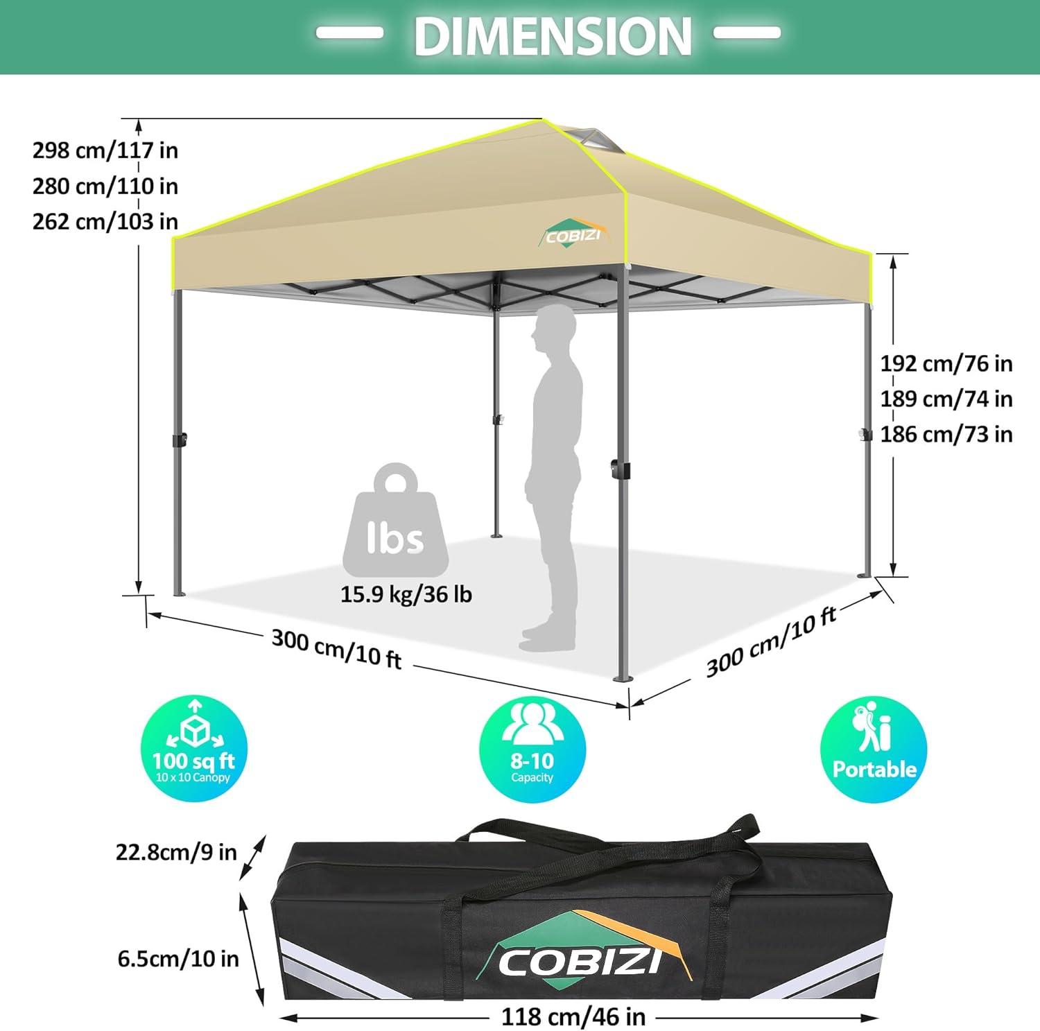 image:imageCOBIZI Canopy 10x10 Pop Up Canopy Tent 1Button Push Easy up Outdoor Canopy Instant Portable Commercial Shelter Waterproof UPF50 Gazebo with Reflective Strip Air Vent amp 4 SandbagsKhakiKhaki1year warranty