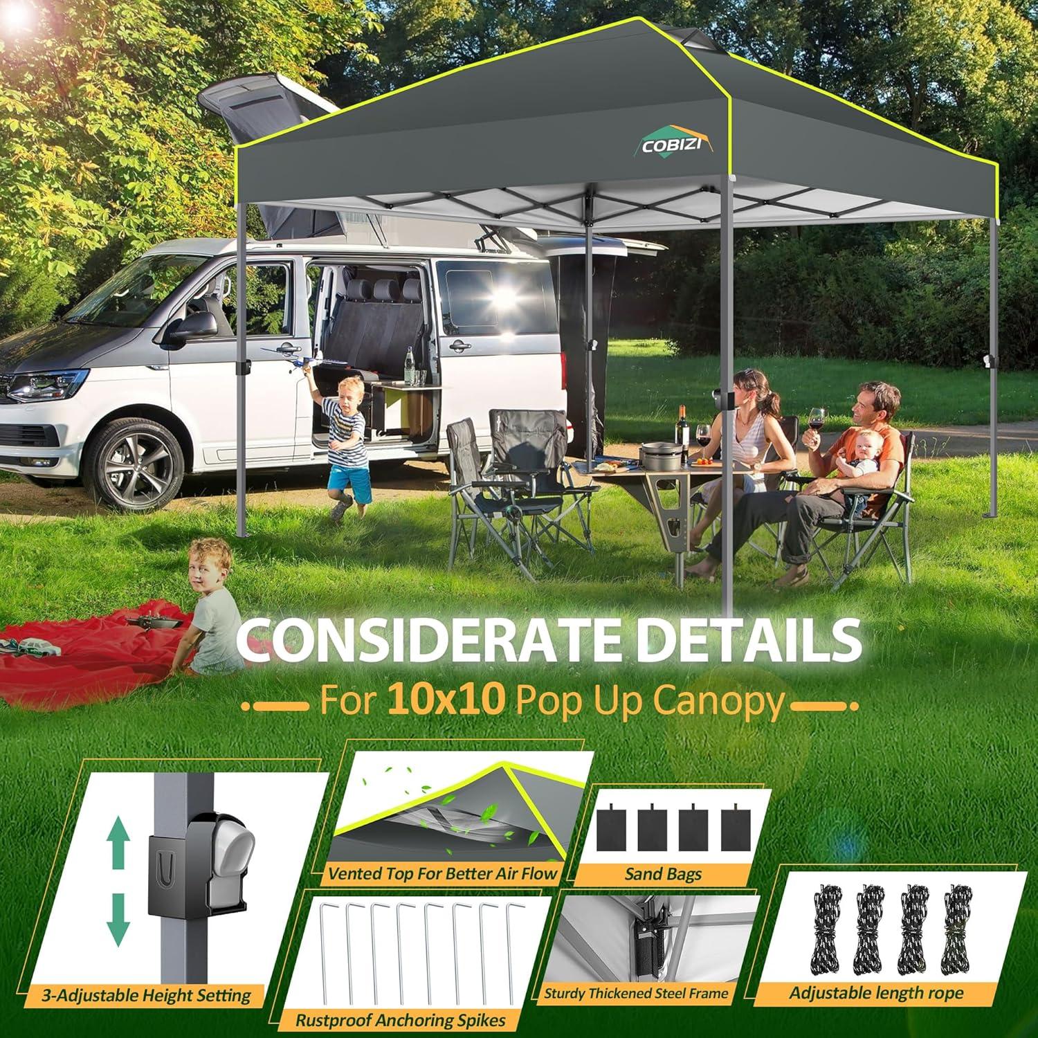 image:imageCOBIZI Canopy 10x10 Pop Up Canopy Tent 1Button Push Easy up Outdoor Canopy Instant Portable Commercial Shelter Waterproof UPF50 Gazebo with Reflective Strip Air Vent amp 4 SandbagsKhakiGrey1year warranty