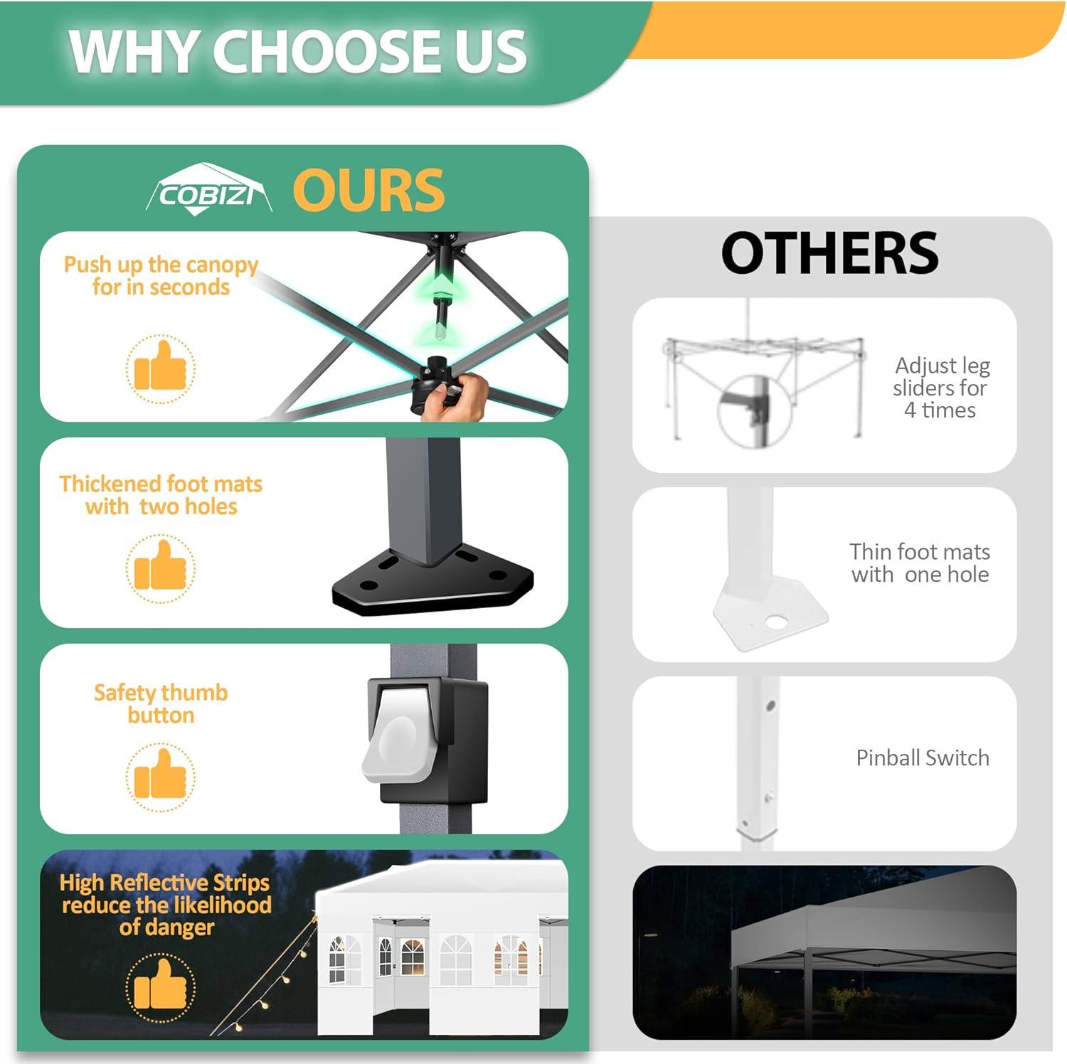 image:imageCOBIZI Canopy 10x10 Pop Up Canopy Tent 1Button Push Easy up Outdoor Canopy Instant Portable Commercial Shelter Waterproof UPF50 Gazebo with Reflective Strip Air Vent amp 4 SandbagsKhakiWhite1year warranty
