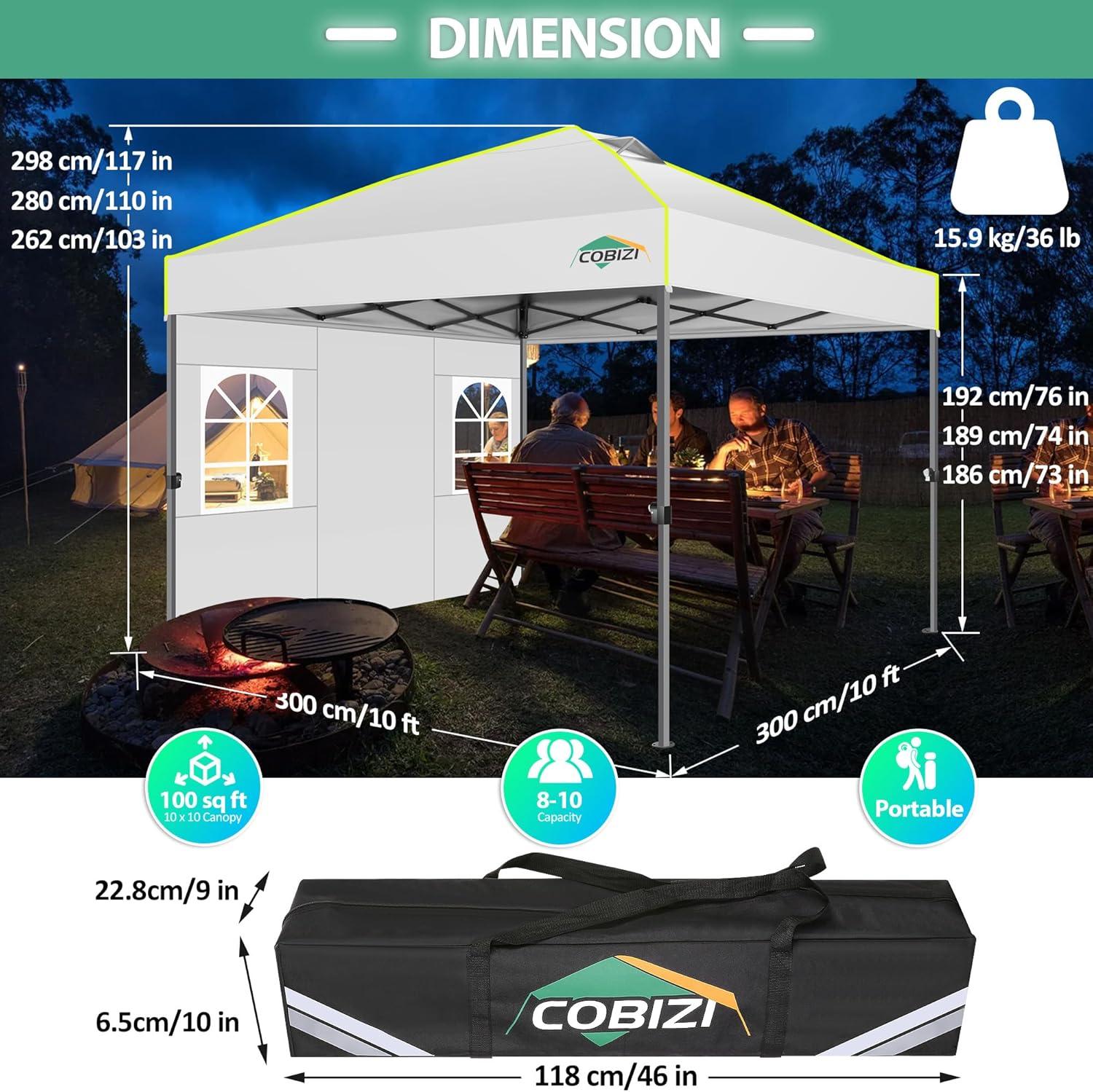 image:imageCOBIZI Canopy 10x10 Pop Up Canopy Tent 1Button Push Easy up Outdoor Canopy Instant Portable Commercial Shelter Waterproof UPF50 Gazebo with Reflective Strip Air Vent amp 4 SandbagsKhakiWhite