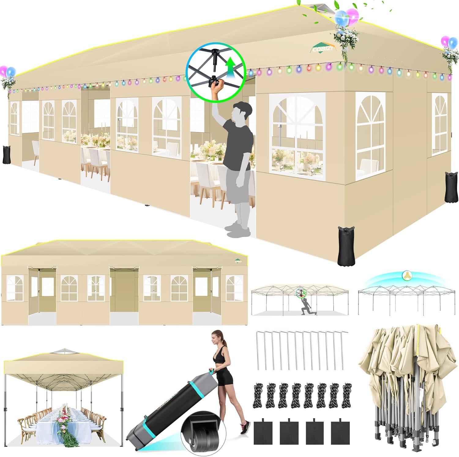image:imageCOBIZI Canopy 10x10 Pop Up Canopy Tent 1Button Push Easy up Outdoor Canopy Instant Portable Commercial Shelter Waterproof UPF50 Gazebo with Reflective Strip Air Vent amp 4 SandbagsKhakiKhaki1year warranty