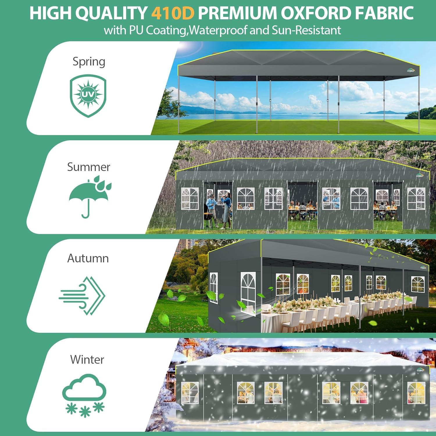 image:imageCOBIZI Canopy 10x10 Pop Up Canopy Tent 1Button Push Easy up Outdoor Canopy Instant Portable Commercial Shelter Waterproof UPF50 Gazebo with Reflective Strip Air Vent amp 4 SandbagsKhakiGrey1year warranty