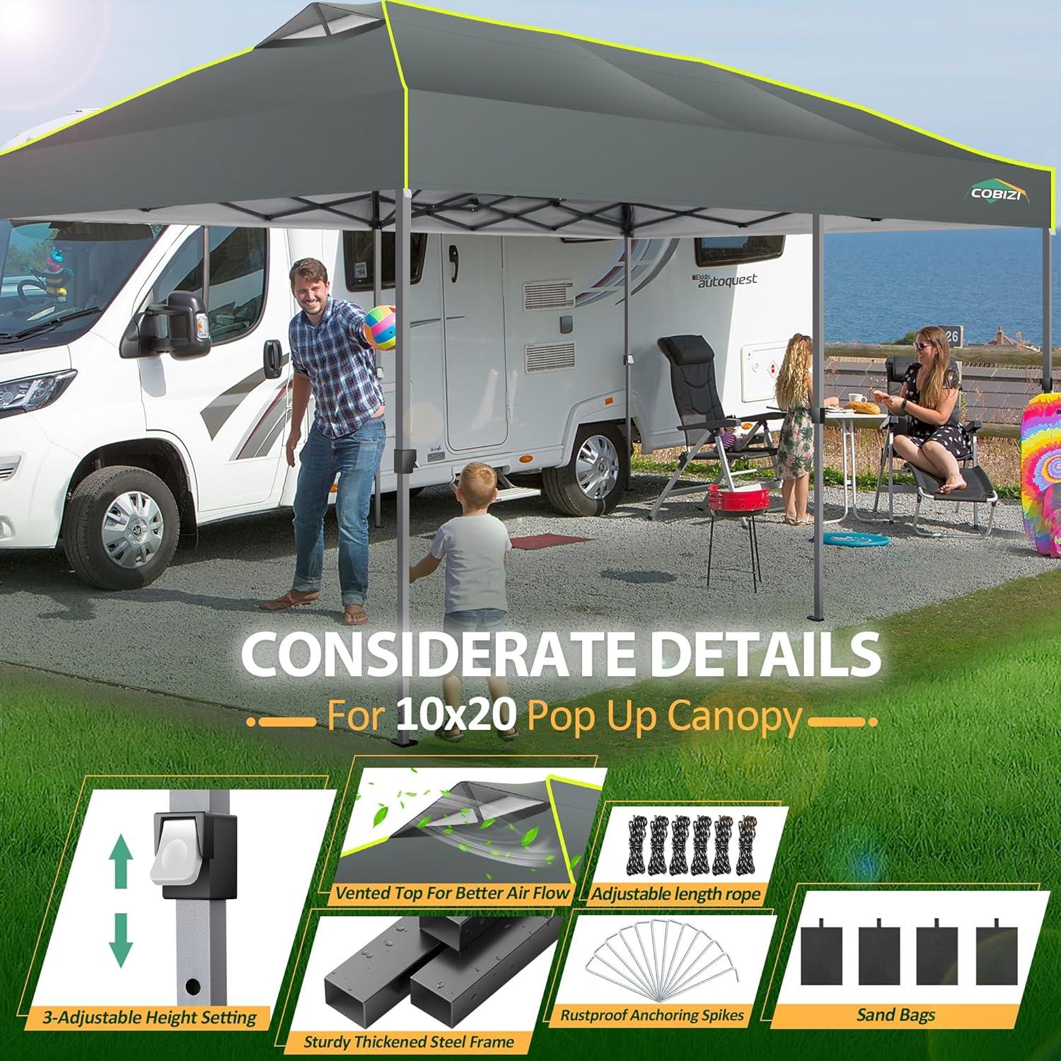 image:imageCOBIZI Canopy 10x10 Pop Up Canopy Tent 1Button Push Easy up Outdoor Canopy Instant Portable Commercial Shelter Waterproof UPF50 Gazebo with Reflective Strip Air Vent amp 4 SandbagsKhakiGrey1year warranty