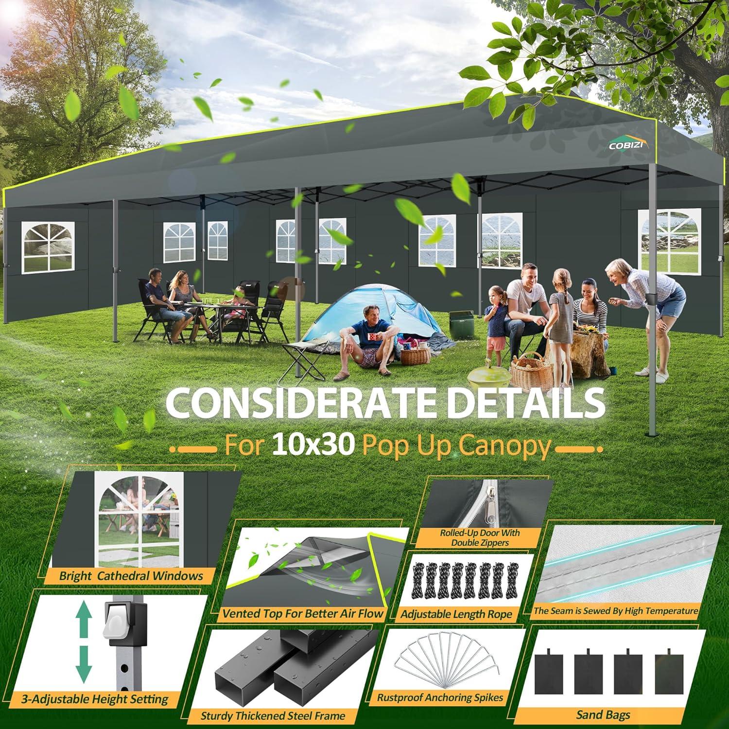 image:imageCOBIZI Canopy 10x10 Pop Up Canopy Tent 1Button Push Easy up Outdoor Canopy Instant Portable Commercial Shelter Waterproof UPF50 Gazebo with Reflective Strip Air Vent amp 4 SandbagsKhakiGrey1year warranty