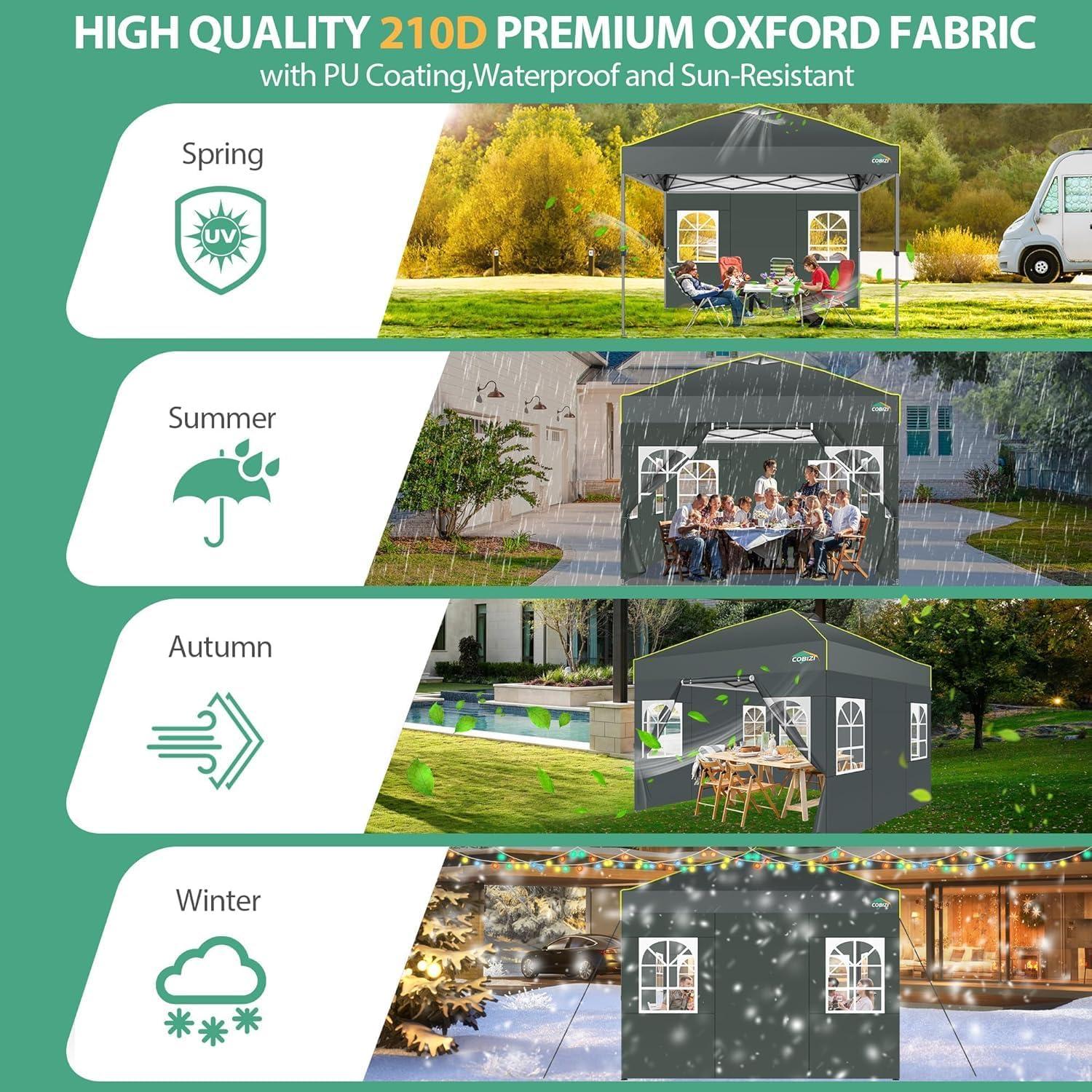 image:imageCOBIZI Canopy 10x10 Pop Up Canopy Tent 1Button Push Easy up Outdoor Canopy Instant Portable Commercial Shelter Waterproof UPF50 Gazebo with Reflective Strip Air Vent amp 4 SandbagsKhakiGrey1year warranty
