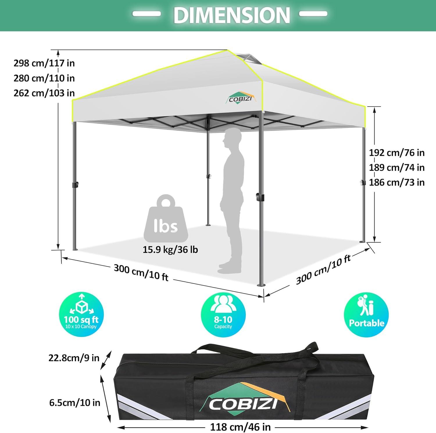 image:imageCOBIZI Canopy 10x10 Pop Up Canopy Tent 1Button Push Easy up Outdoor Canopy Instant Portable Commercial Shelter Waterproof UPF50 Gazebo with Reflective Strip Air Vent amp 4 SandbagsWhite