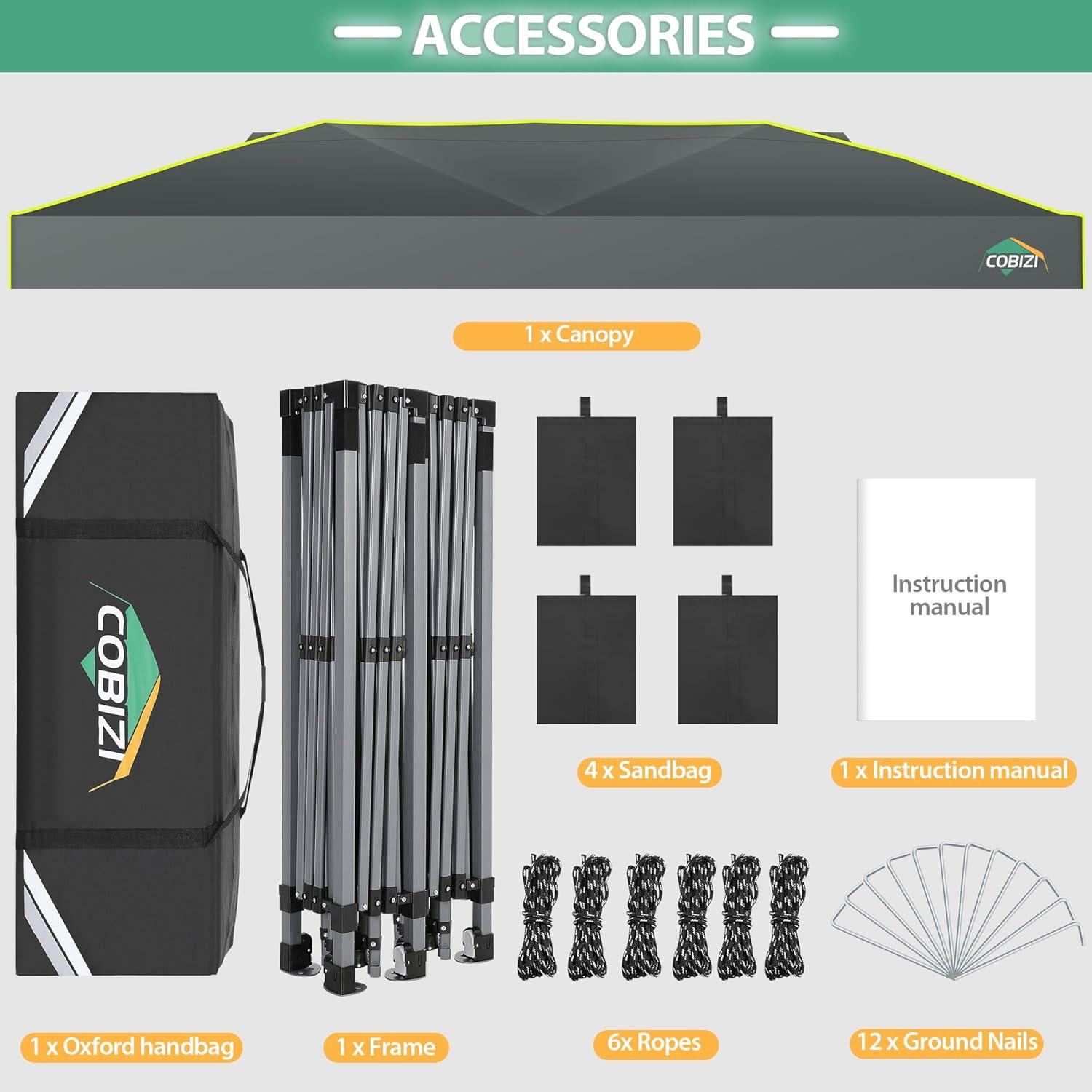 image:imageCOBIZI Canopy 10x10 Pop Up Canopy Tent 1Button Push Easy up Outdoor Canopy Instant Portable Commercial Shelter Waterproof UPF50 Gazebo with Reflective Strip Air Vent amp 4 SandbagsKhakiGrey1year warranty