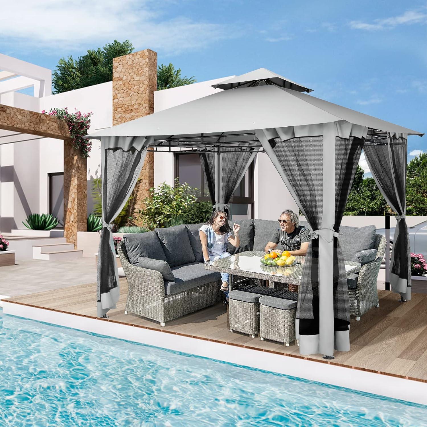 image:imageCOBIZI Gazebo 10x10 Heavy Duty Gazebo with Improved Nettings Outdoor Pavillon Double Roof Patio Gazebos with Metal Steel Frame Outdoor Canopy for Patio Deck Backyard Gray Nettings