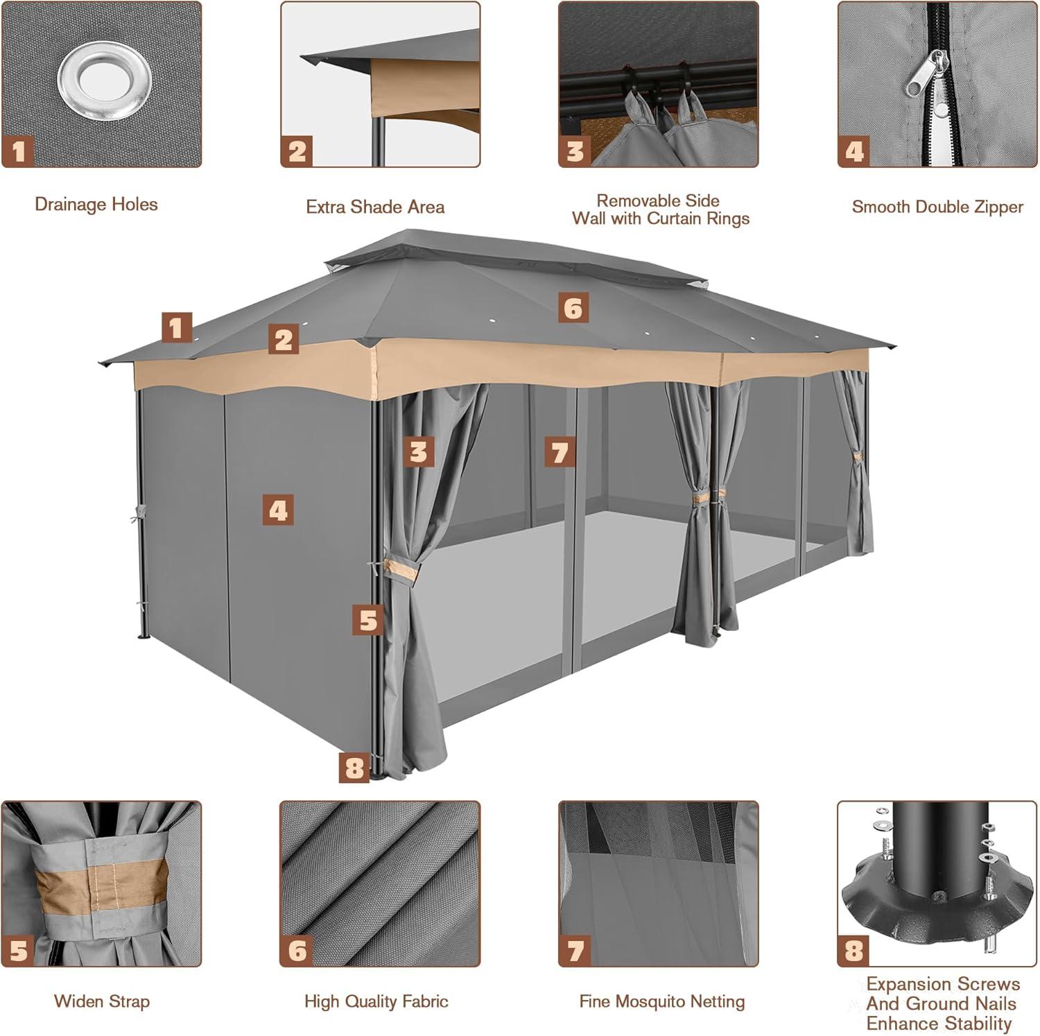 image:imageCOBIZI Gazebo 10x13 Heavy Duty Gazebos with Improved Nettings Outdoor Gazebo Double Roof Patio Gazebos with Metal Steel Frame Outdoor Canopy for Patio Deck Backyard Brown
