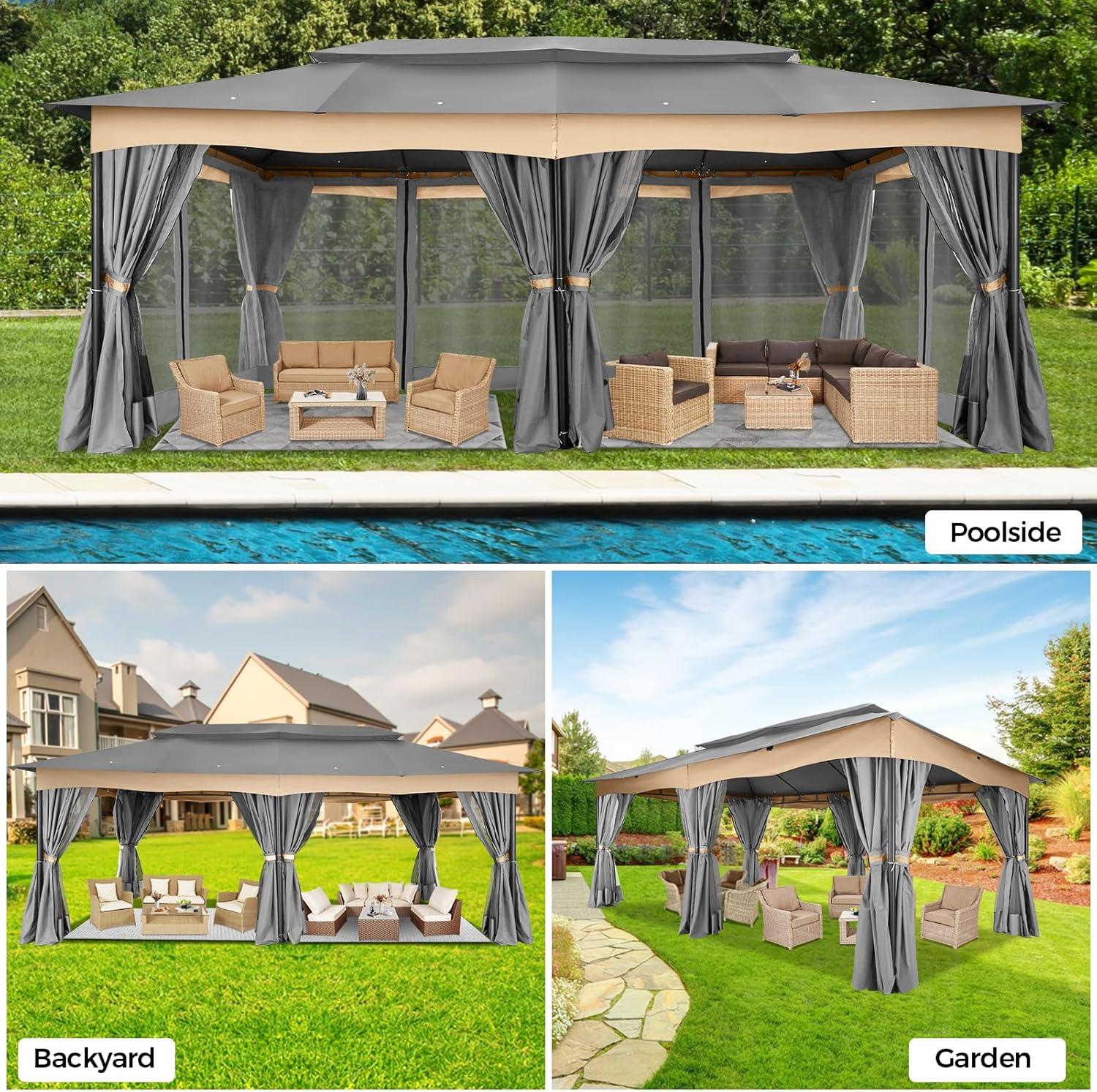 image:imageCOBIZI Gazebo 10x13 Heavy Duty Gazebos with Improved Nettings Outdoor Gazebo Double Roof Patio Gazebos with Metal Steel Frame Outdoor Canopy for Patio Deck Backyard Brown