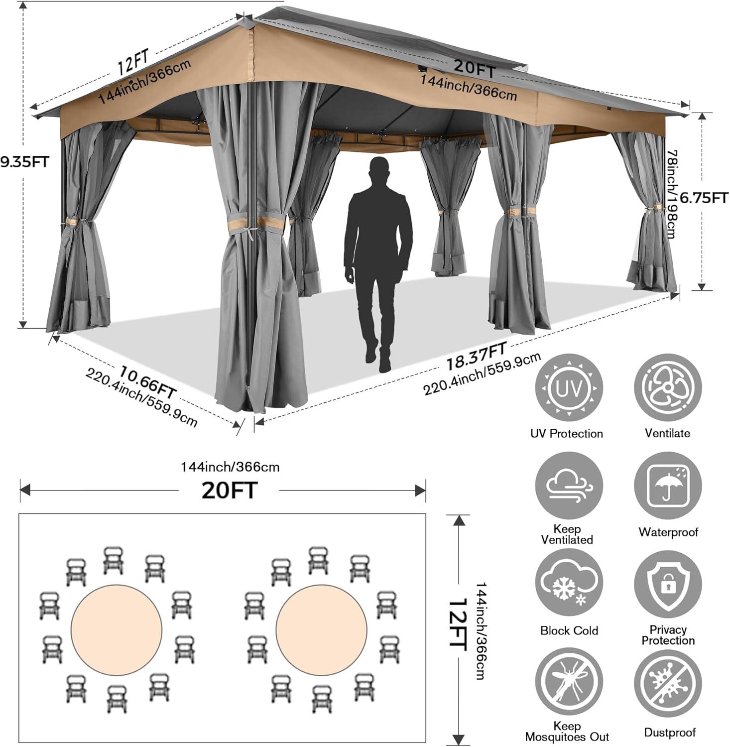 image:imageCOBIZI Gazebo 10x13 Heavy Duty Gazebos with Improved Nettings Outdoor Gazebo Double Roof Patio Gazebos with Metal Steel Frame Outdoor Canopy for Patio Deck Backyard Brown
