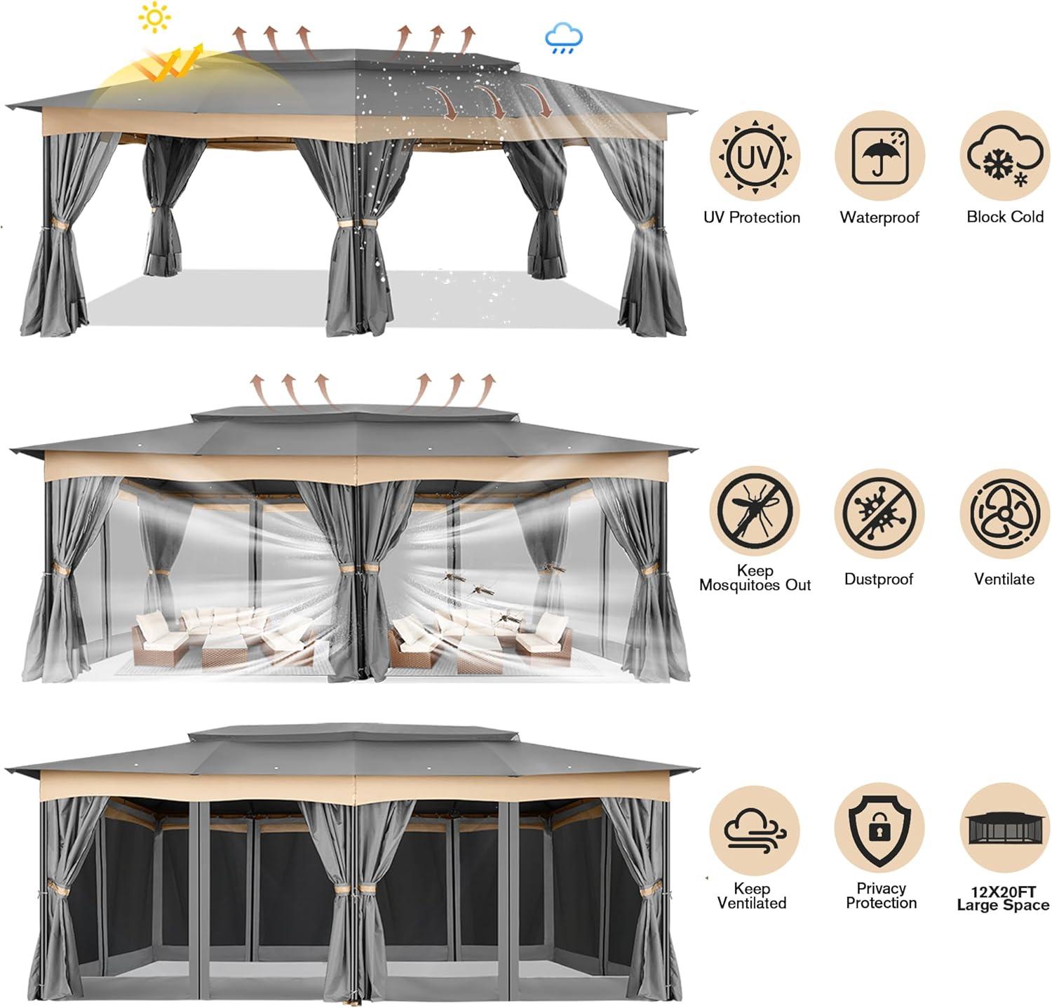 image:imageCOBIZI Gazebo 10x13 Heavy Duty Gazebos with Improved Nettings Outdoor Gazebo Double Roof Patio Gazebos with Metal Steel Frame Outdoor Canopy for Patio Deck Backyard Brown