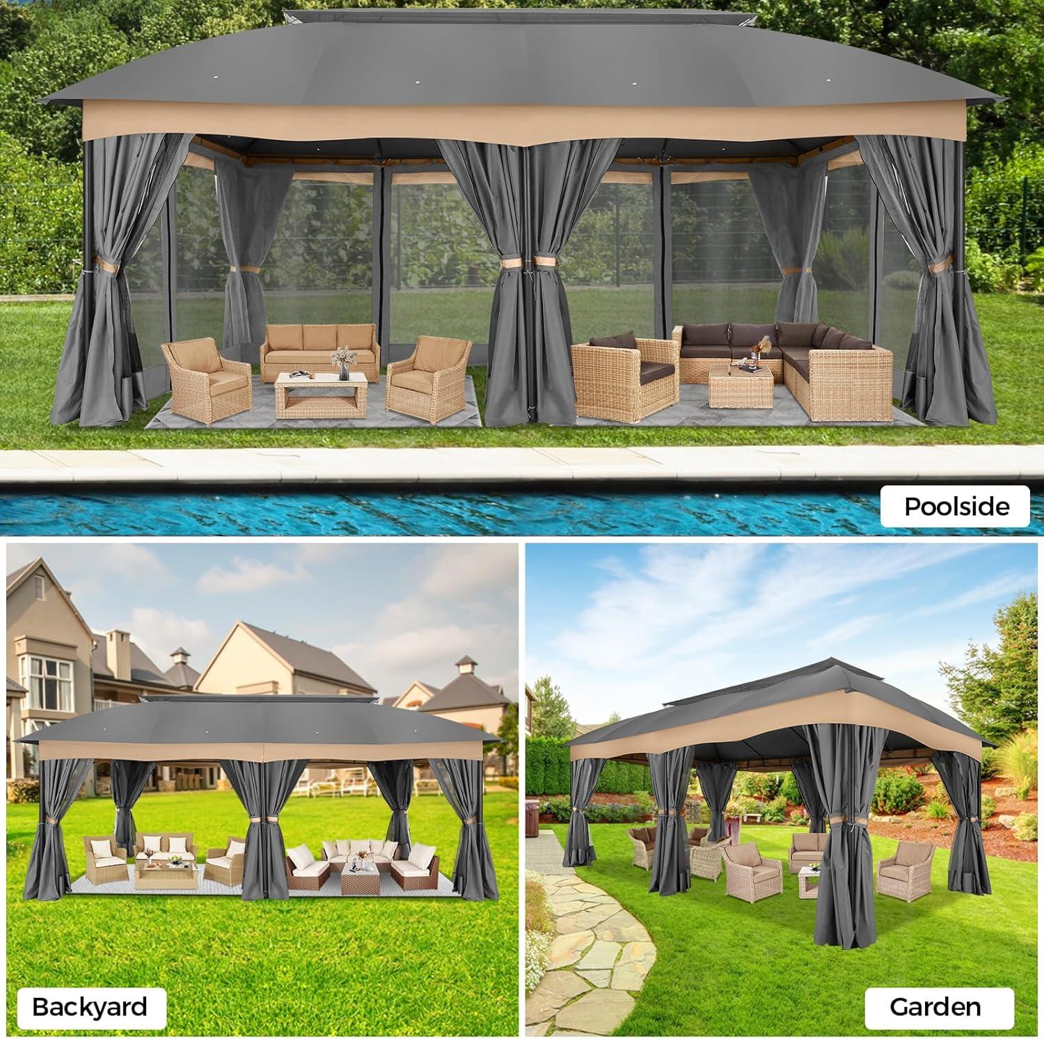 image:imageCOBIZI Gazebo 12x20 Heavy Duty Gazebo with Curtain and Nettings Outdoor Gazebo Double Roof Patio Gazebo with Metal Steel Frame Gazebo Tent for Patio Deck Backyard Gray Arc Top Curtain amp Netting
