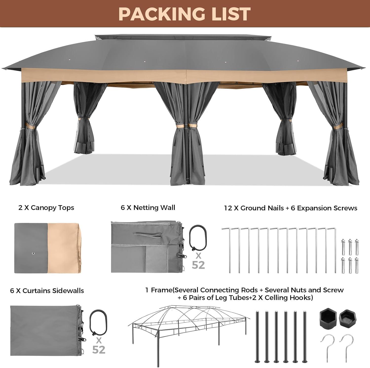 image:imageCOBIZI Gazebo 12x20 Heavy Duty Gazebo with Curtain and Nettings Outdoor Gazebo Double Roof Patio Gazebo with Metal Steel Frame Gazebo Tent for Patio Deck Backyard Gray Arc Top Curtain amp Netting