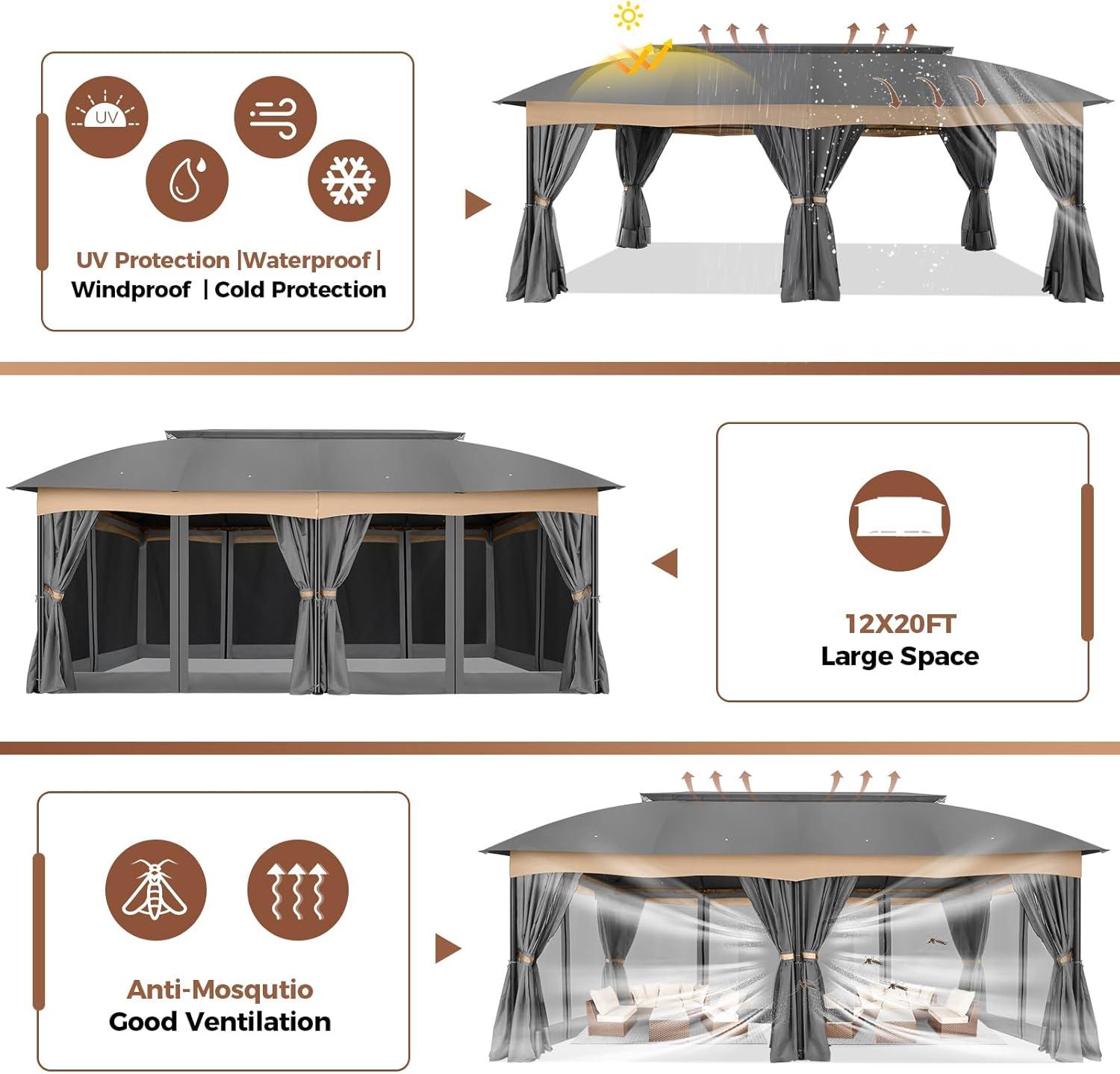 image:imageCOBIZI Gazebo 12x20 Heavy Duty Gazebo with Curtain and Nettings Outdoor Gazebo Double Roof Patio Gazebo with Metal Steel Frame Gazebo Tent for Patio Deck Backyard Gray Arc Top Curtain amp Netting