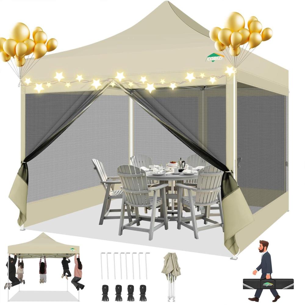 image:imageCOBIZI 10x10 Canopy Tent with 4 SidewallsHeavy Duty Pop up Canopy with Mosquito NettingEasy up Screen Tent for Parties Wedding Outdoor Camping with HandbagKhakiKhaki