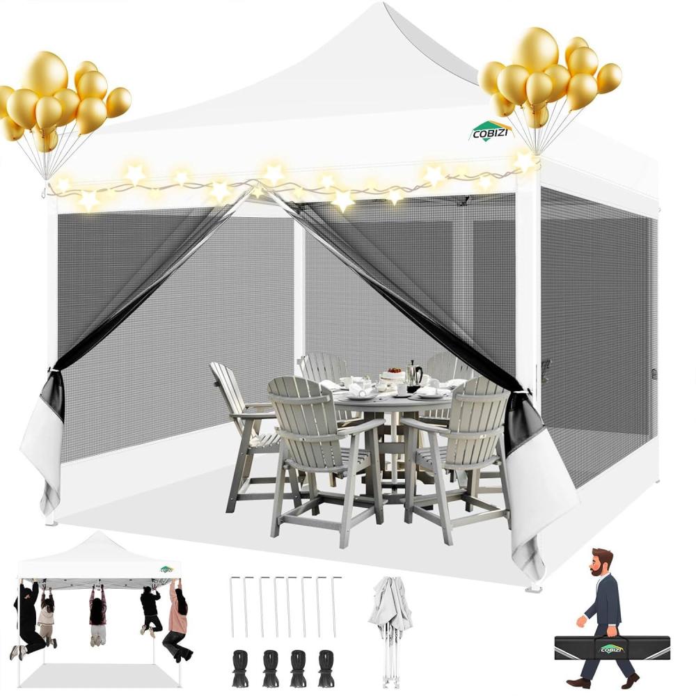 image:imageCOBIZI 10x10 Canopy Tent with 4 SidewallsHeavy Duty Pop up Canopy with Mosquito NettingEasy up Screen Tent for Parties Wedding Outdoor Camping with HandbagKhakiWhite