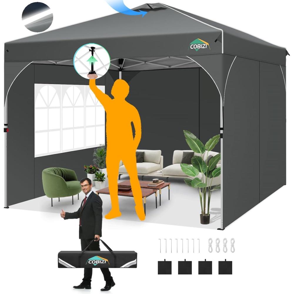 image:imageCOBIZI 10x10 Pop Up Canopy Tent Outdoor Party Tent with 3 Sidewalls 1 Person Easy Set up Tents for Parties with Fluorescent Strip amp 4 Sandbags Waterproof UPF50 3 Adjustable Height GrayGray