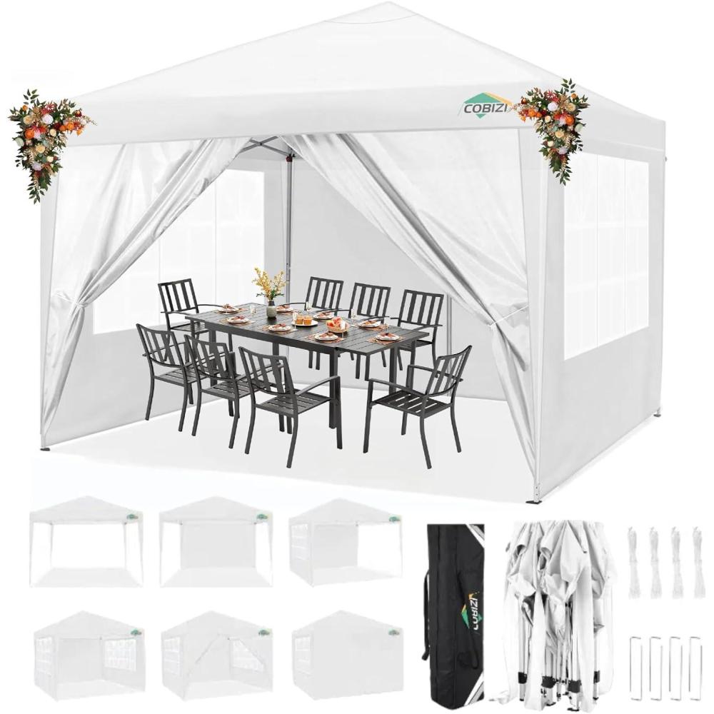 image:imageCOBIZI 10x10 Pop Up Canopy Tent with 4 Removable Sidewalls Waterproof Outdoor Commercial Easy Set Up Gazebo Tent Canopy Tents for PartyExhibitionPicnic with Carry Bag8 Stakes amp 4 Ropes White