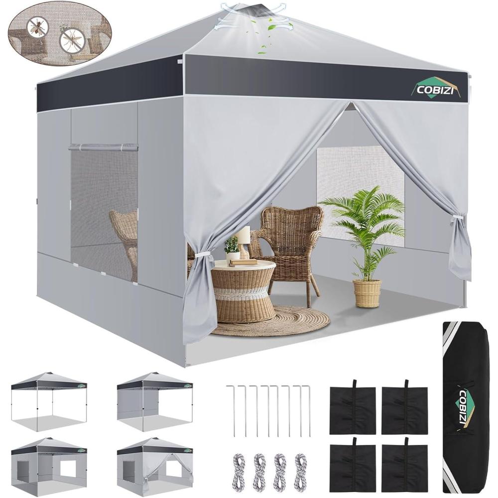 image:imageCOBIZI 10x10 Pop up Canopy Portable Garage with 1Button Push Center Lock Car Port Garage with 1 Sidewalls UV Resistant Waterproof AllSeason Tents Shelter for TruckMistGrayDimGray