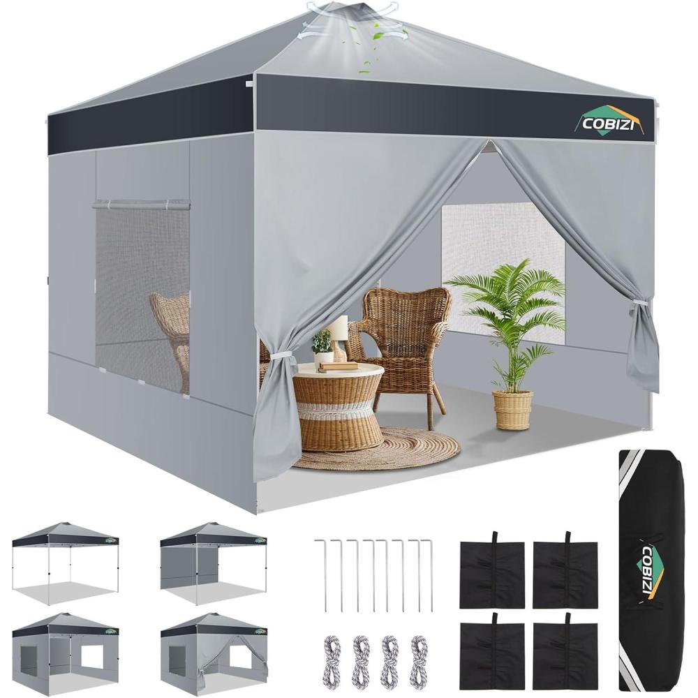 image:imageCOBIZI 10x10 Pop up Canopy Portable Garage with 1Button Push Center Lock Car Port Garage with 1 Sidewalls UV Resistant Waterproof AllSeason Tents Shelter for TruckSilverDimGray