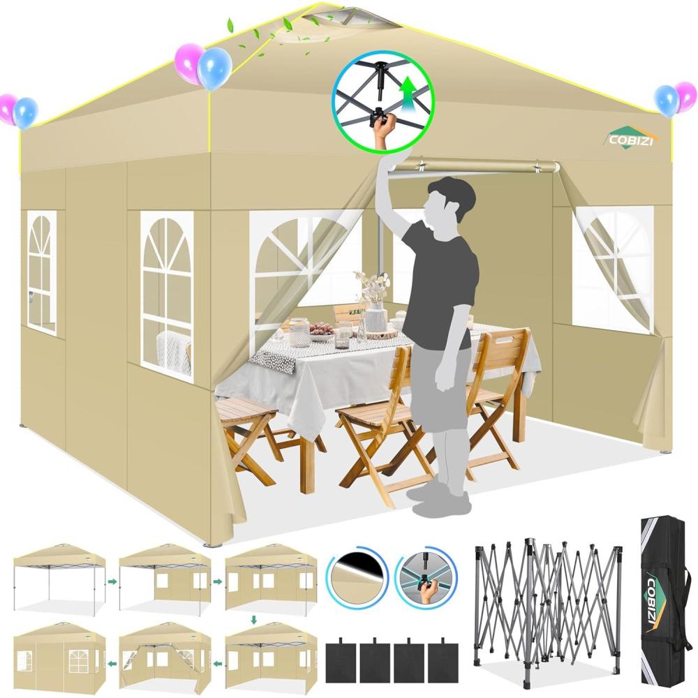 image:imageCOBIZI 10x10 Pop up Canopy Tent with SidewallsOne Person Setup Waterproof3 Adjustable HeightOutdoor Commercial Gazebo with Air Vent Reflective Strip4 Sandbags for GardenParty BeachKhaki