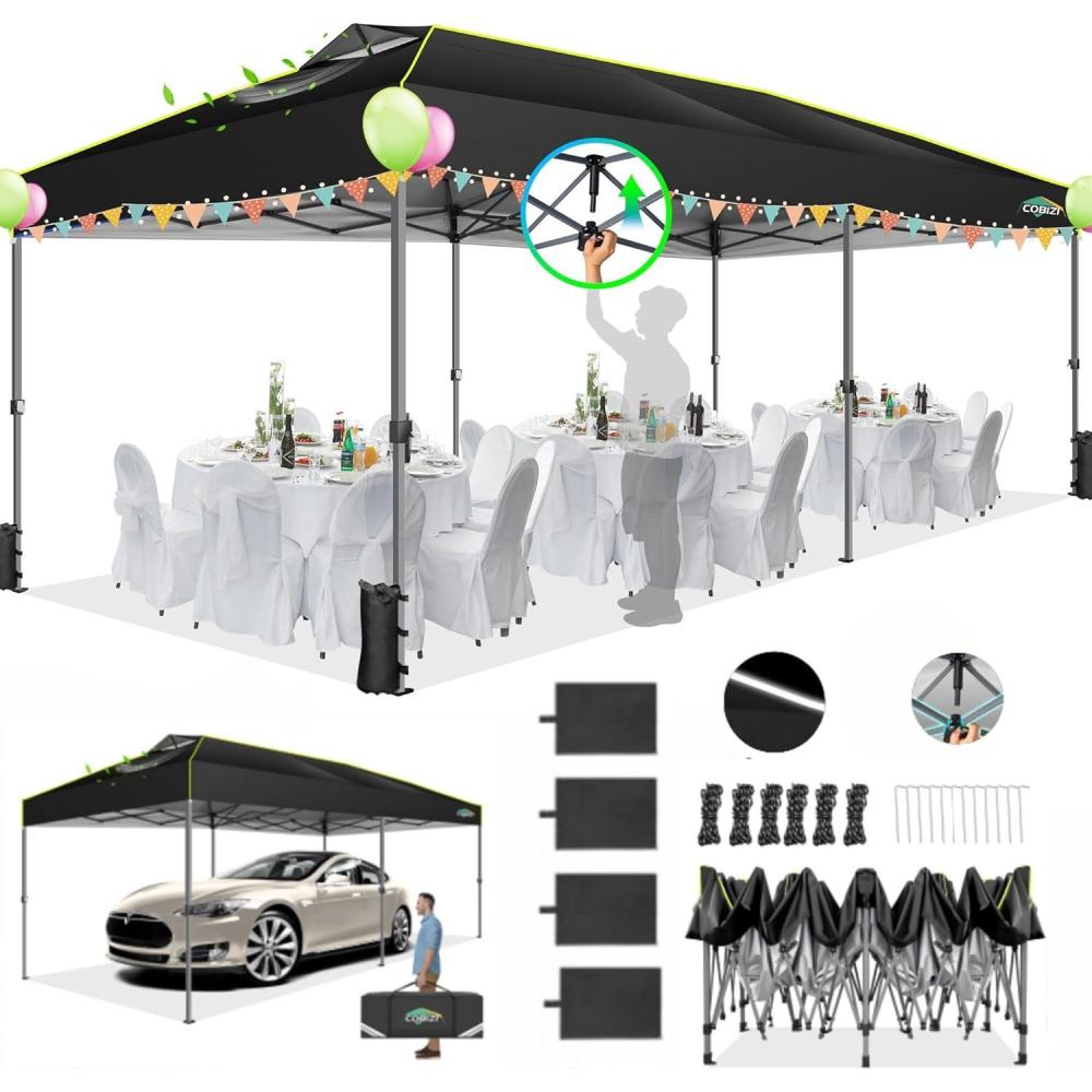 image:imageCOBIZI 10x20 Pop Up Canopy Tent Ez Up Commercial Outdoor Canopy Wedding Party Tents with Center Lock Instant Folding Shelter with Reflective Strip Air Vent amp 4 Sandbags 10X20 Black