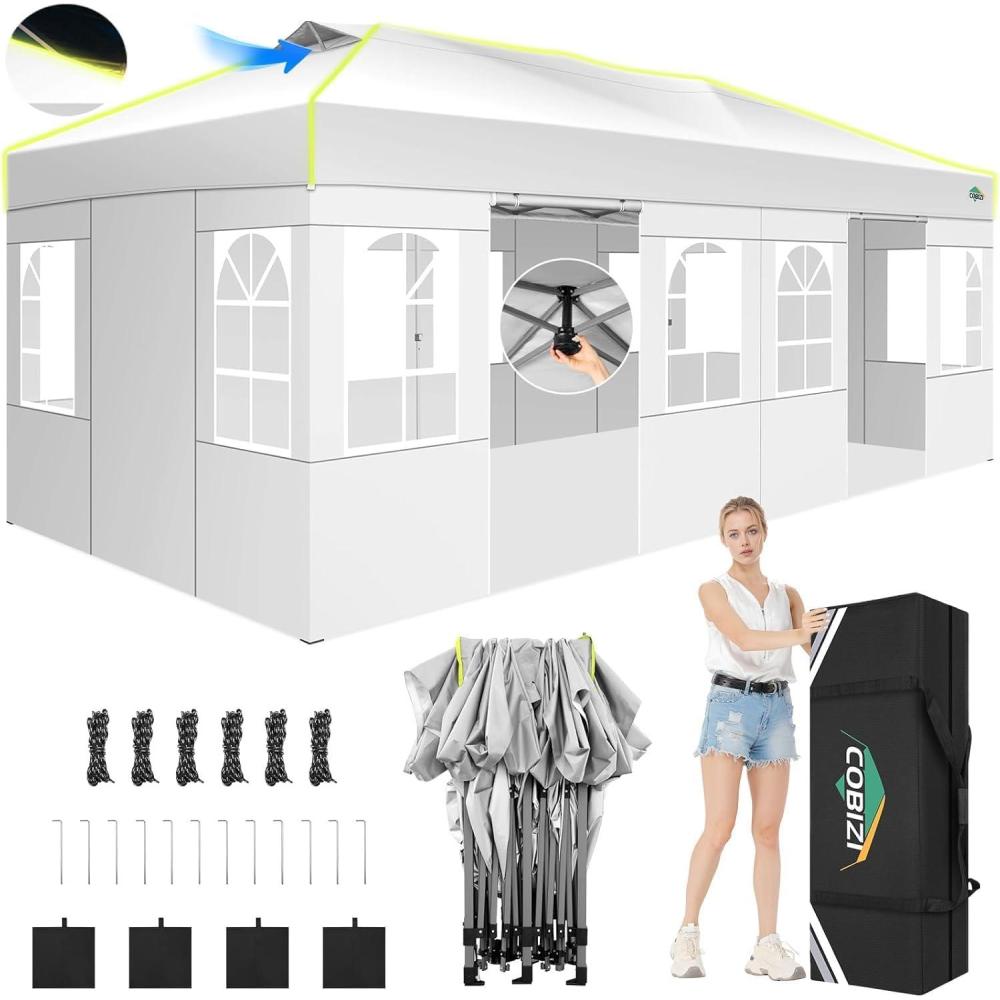 image:imageCOBIZI 10x20 Pop Up Canopy Tent Outdoor Party Tent with 6 Sidewall One Push Setup Glow 3 Adjustable Height Air Vent Waterproof UPF50 Bag 4 Sandbag 6 Stake 12 Rope for Beach CommercialWhite