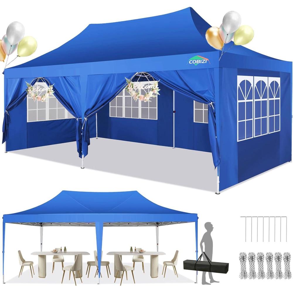 image:imageCOBIZI 10x20 Pop Up Canopy with 6 Sidewalls Conical Canopy Tent 1020 with 3 Adjustable Height Waterproof UVResistant with Carry Bag Stakes Ropes for Parties Commercial BlueFrame Upgraded